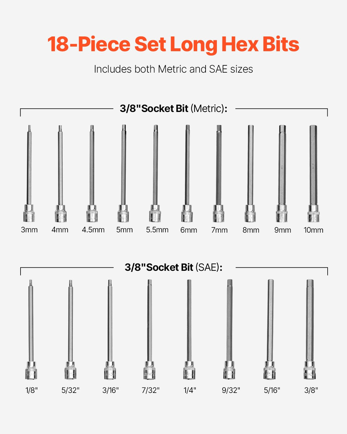VEVOR Extra Long Allen Hex Bit Socket Set, 18-Piece 3/8 inch Drive, S2 Alloy Steel and Cr-V Steel, Standard SAE and Metric 1/8-Inch-3/8-Inch, 3-12mm, with Enhanced Storage Case, for Mechanics