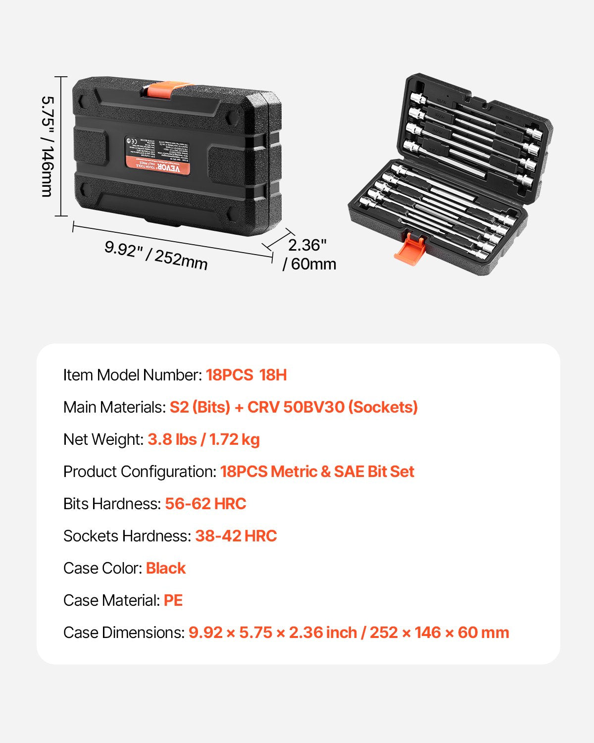 VEVOR Extra Long Allen Hex Bit Socket Set, 18-Piece 3/8 inch Drive, S2 Alloy Steel and Cr-V Steel, Standard SAE and Metric 1/8-Inch-3/8-Inch, 3-12mm, with Enhanced Storage Case, for Mechanics