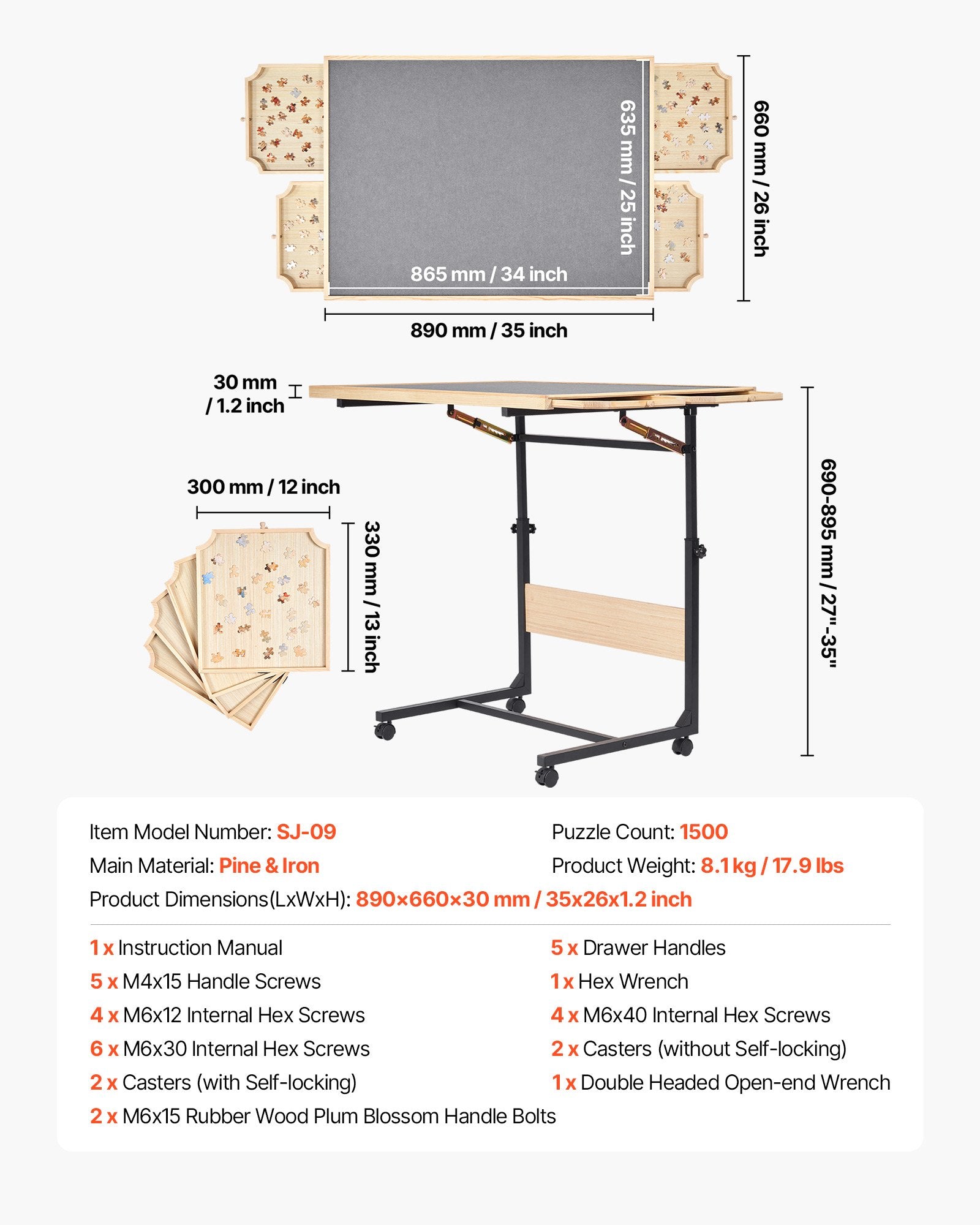 VEVOR 1500 Piece Puzzle Table with Legs, 4 Drawers and Cover, 86x63cm Portable Wooden Board with Wheels, Jigsaw Puzzle Accessories for Adults, Adjustable Height & 5-Tilting-Angle, Gift for Mom