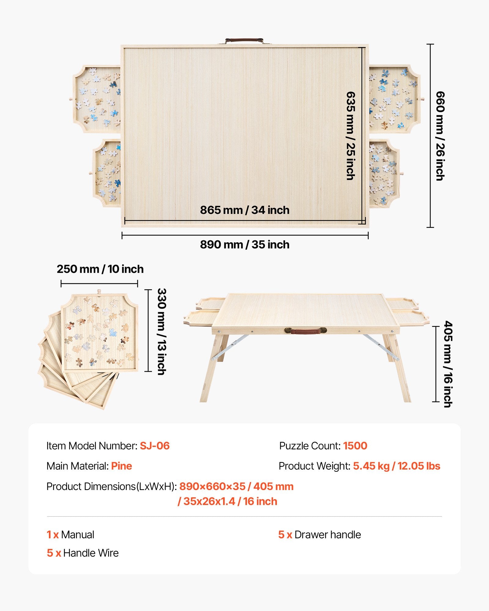 VEVOR 1500 Piece Puzzle Board with Folding Leg Portable Wooden Jigsaw 86x63cm