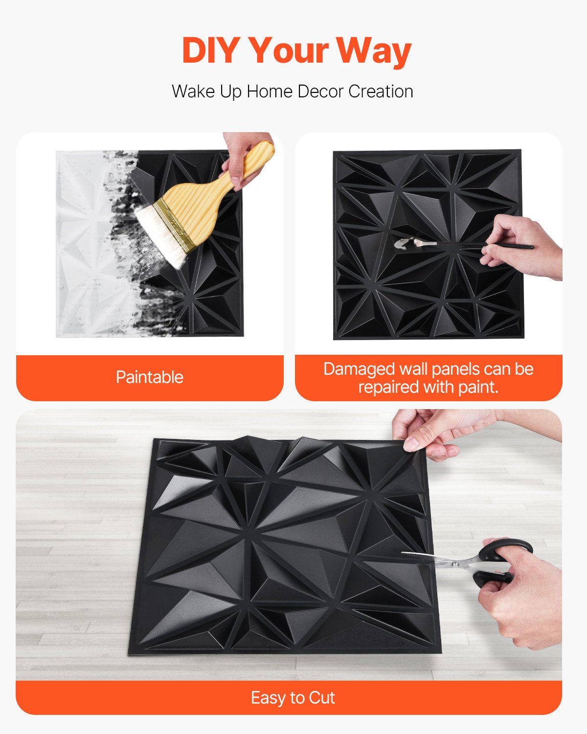 VEVOR 3D Wall Panels, 33-Pack 30 x 30 cm PVC Modern Art Minimalist Diamond Tiles, 2.97 m² Coverage Accent Wall Panel, Interior Home Decor for Ceiling, Bedroom, Living Room, Gaming Room, Matte Black