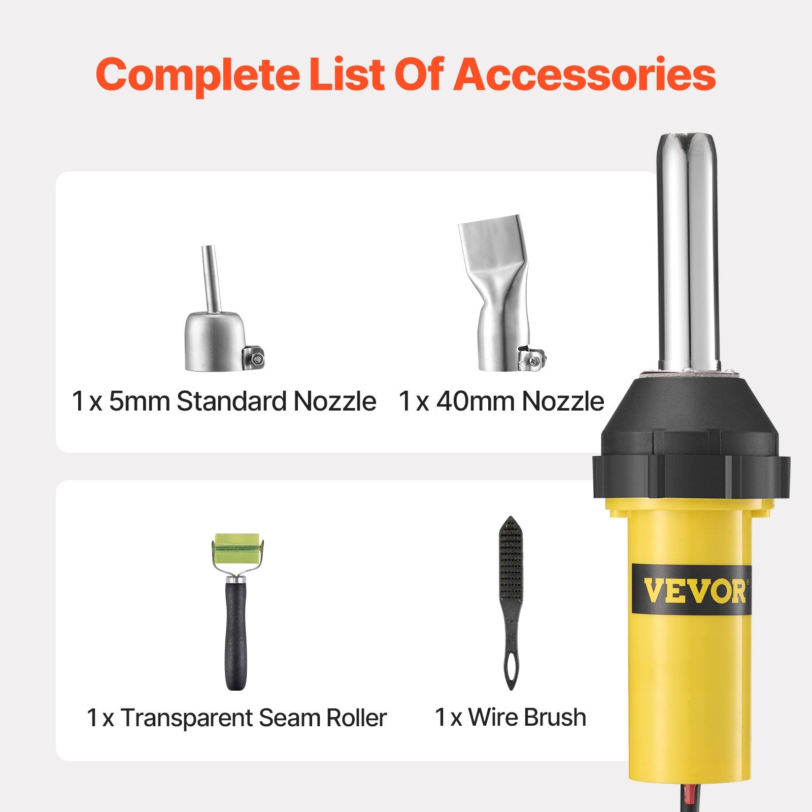 VEVOR Hot Air Plastic Welder, 1000W Hot Air Torch Pistol, 50- 600°C PVC TPO Vinyl Heat Gun Welding Torch, Plastic Welding Kit with 4 Accessories- 2 Nozzles, 1 Seam Roller & Brush for PP/PE/PVC Sheet
