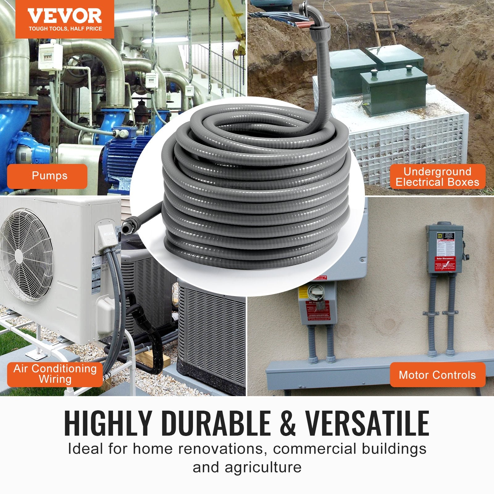 VEVOR 25.4 mm Flexible Electrical Conduit, 30.5 m, PVC Liquid-Tight Conduit Non-Metallic with 5 Straight and 5 90-Degree Conduit Connector Fittings, for Air Conditioning Motor Controller Pump, IP65
