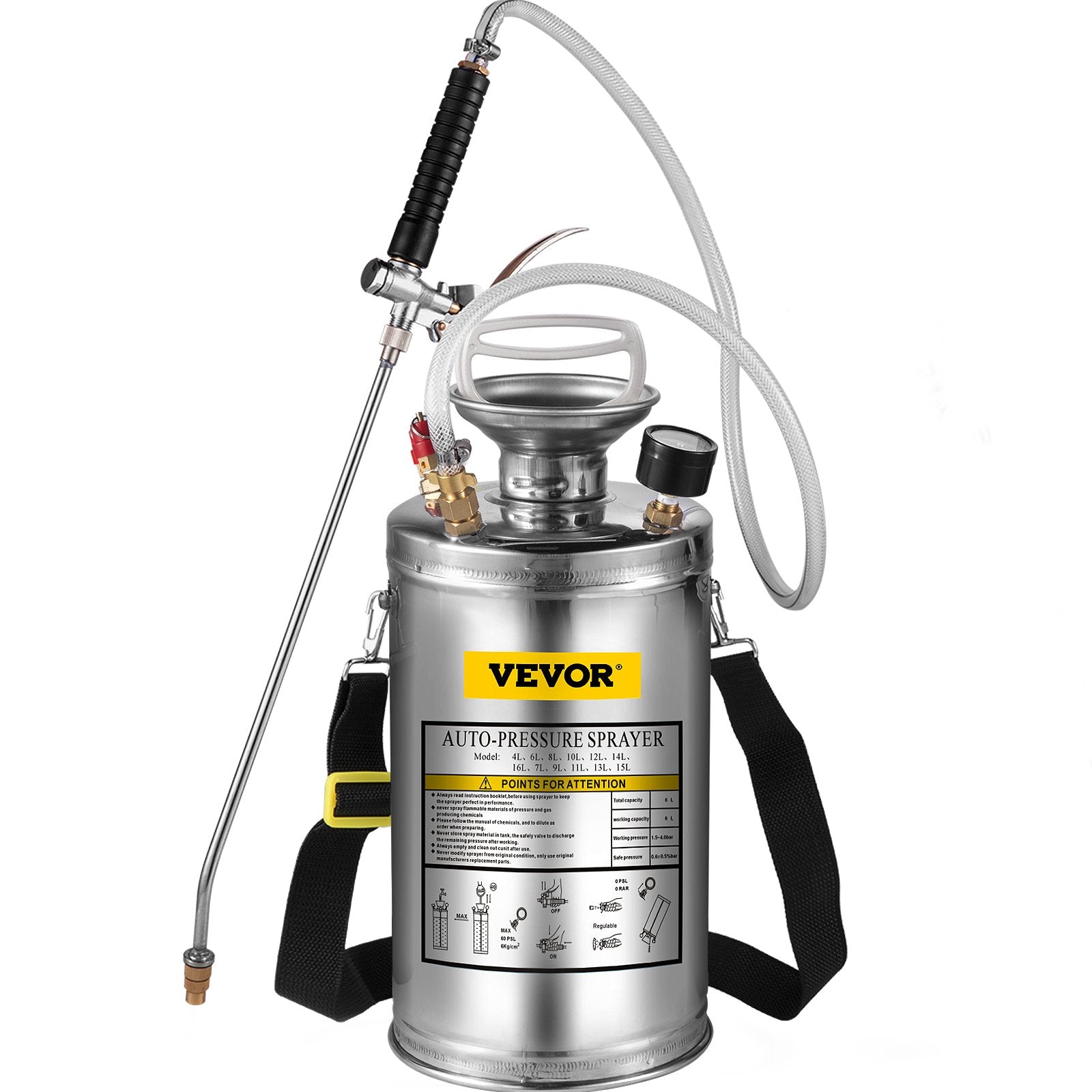 VEVOR 1.5Gal Stainless Steel Sprayer, Set with 16" Wand& Handle& 3.3FT Reinforced Hose, Hand Pump Sprayer with Pressure Gauge&Safety Valve, Adjustable Nozzle Suitable for Gardening& Sanitizing