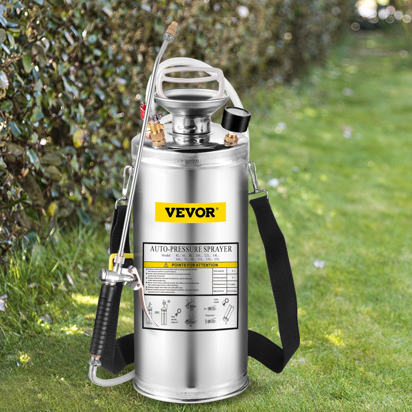 VEVOR 2Gal Stainless Steel Sprayer, Set with 20\" Wand& Handle& 3FT Reinforced Hose, Hand Pump Sprayer with Pressure Gauge&Safety Valve, Adjustable Nozzle Suitable for Gardening and Sanitizing