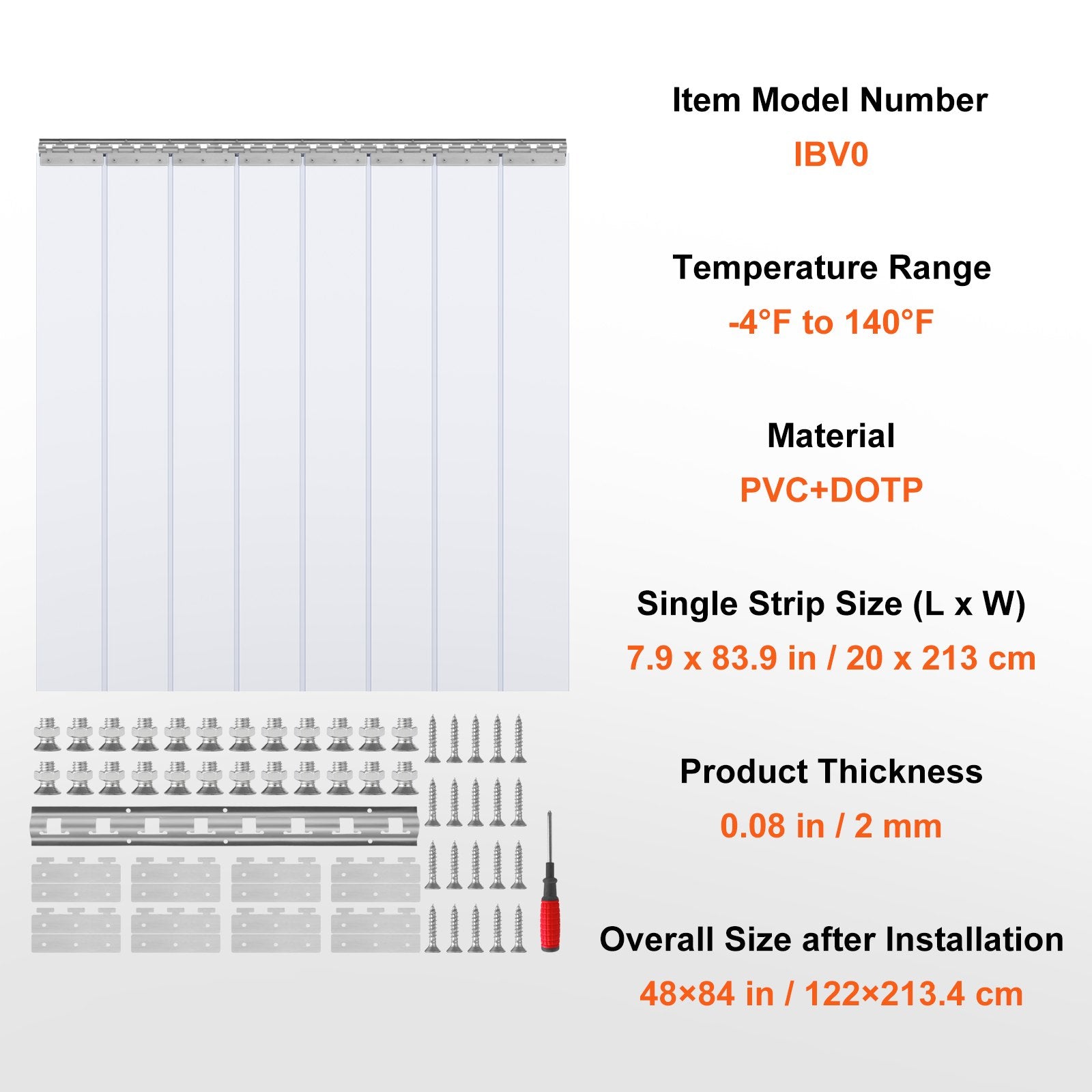 VEVOR Strip Curtain, 213.4 cm Height x 122 cm Width, 2 mm Thickness, 8PCS Clear PVC Strip Door Curtain, Freezer Curtain, Plastic Door Strips for Walk in Freezers, Cooler, Warehouse, with 50% Overlap