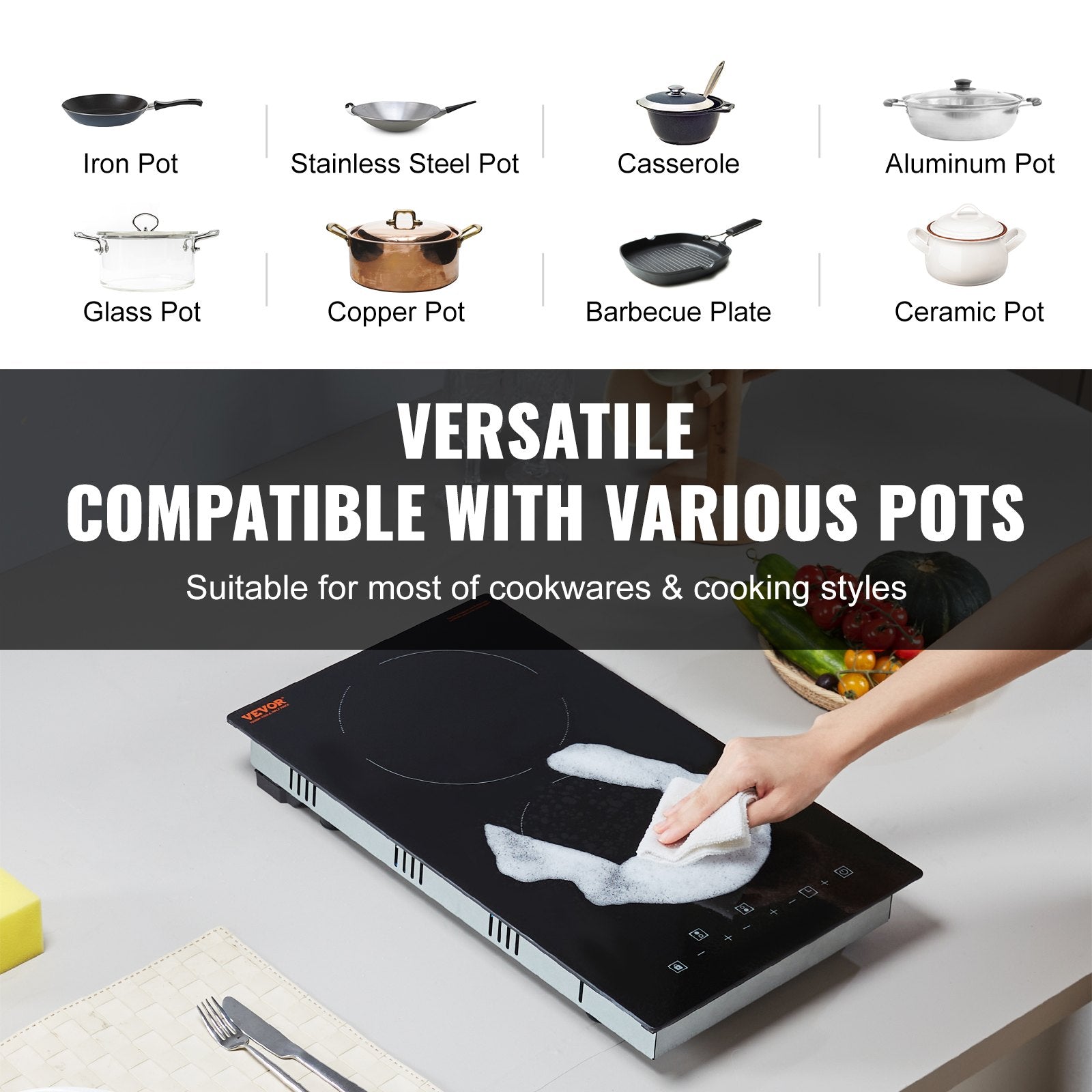 VEVOR Electric Cooktop, 12 inch 2 Burners Built-in Electric Stove Top, 3000W Ceramic Radiant Cooktop with Glass Panel, Touch Control, Timer, Child Lock, 9 Heat Level, Residual Heat Indicator, 220-240V