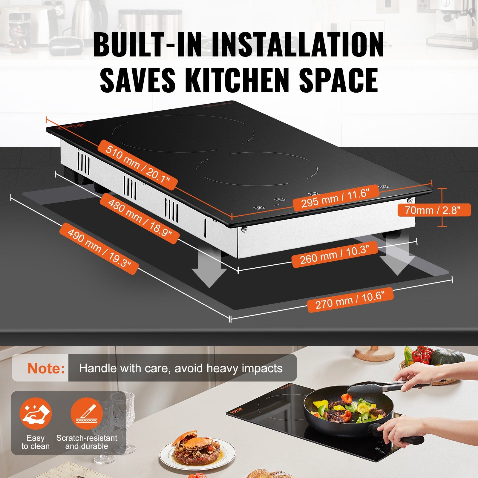 VEVOR Electric Cooktop, 12 inch 2 Burners Built-in Electric Stove Top, 3000W Ceramic Radiant Cooktop with Glass Panel, Touch Control, Timer, Child Lock, 9 Heat Level, Residual Heat Indicator, 220-240V