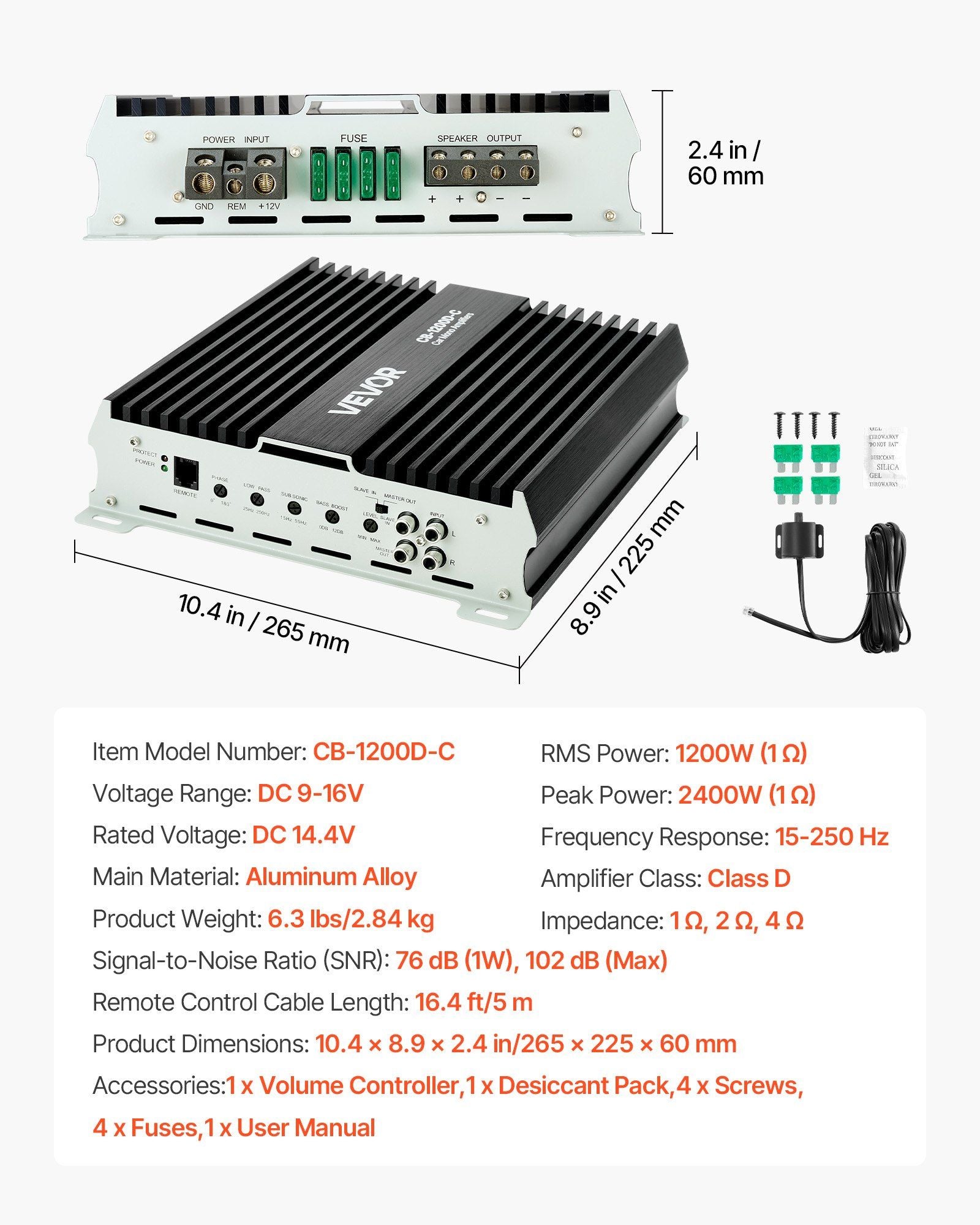 Monoblock Car Amplifier, 1200W RMS MAX, 1/2/4 Ohm Stable, 1-Channel Class D Car Audio Amplifier with Remote Subwoofer Level Control, Low Pass Filter, Bass Boost & Phase Shift, Volume Controller