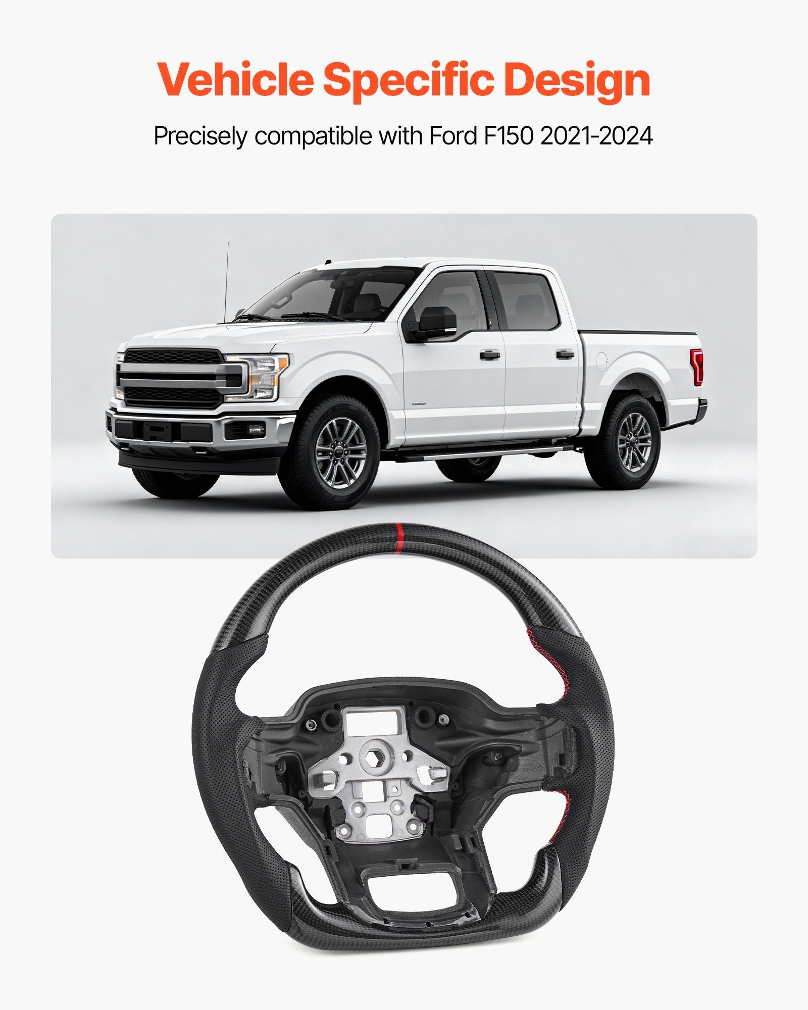 Steering Wheel for 2021-2024 Ford F150, Carbon Fiber Steering Wheel D-Shaped Flat-Bottom, Leather Grip with Non-Slip Texture & Precise Stitching, Accessories Replacement for Ford F150, Black