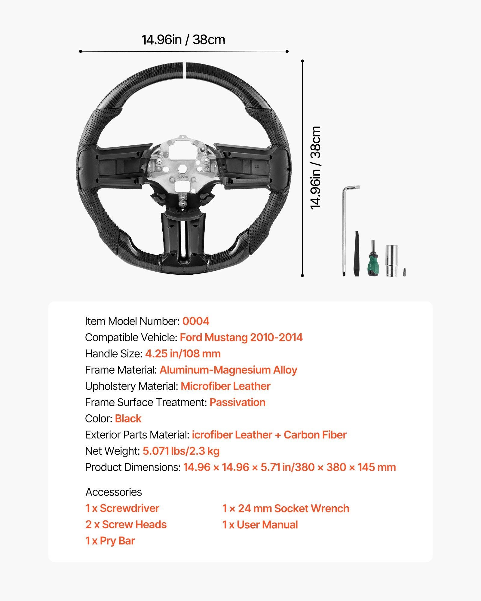 Steering Wheel for 2010-2014 Ford Mustang, Carbon Fiber Steering Wheel D-Shaped Flat-Bottom, Leather Grip with Non-Slip Texture & Precise Stitching, Accessories Replacement for Mustang, Black