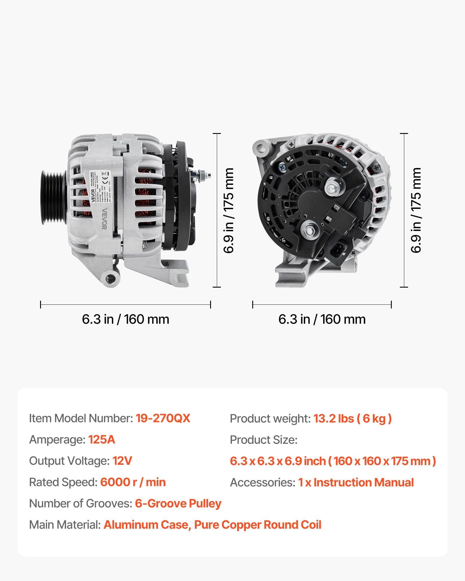 Car Alternator 11185, Fit for Chevrolet Impala LS, LT 3.5L 2006-2011, Impala LTZ 3.9L 2009-2010, Monte Carlo V6 2006-2007, Automotive Replacement Alternator 0124425102, 0124425032, 10335497
