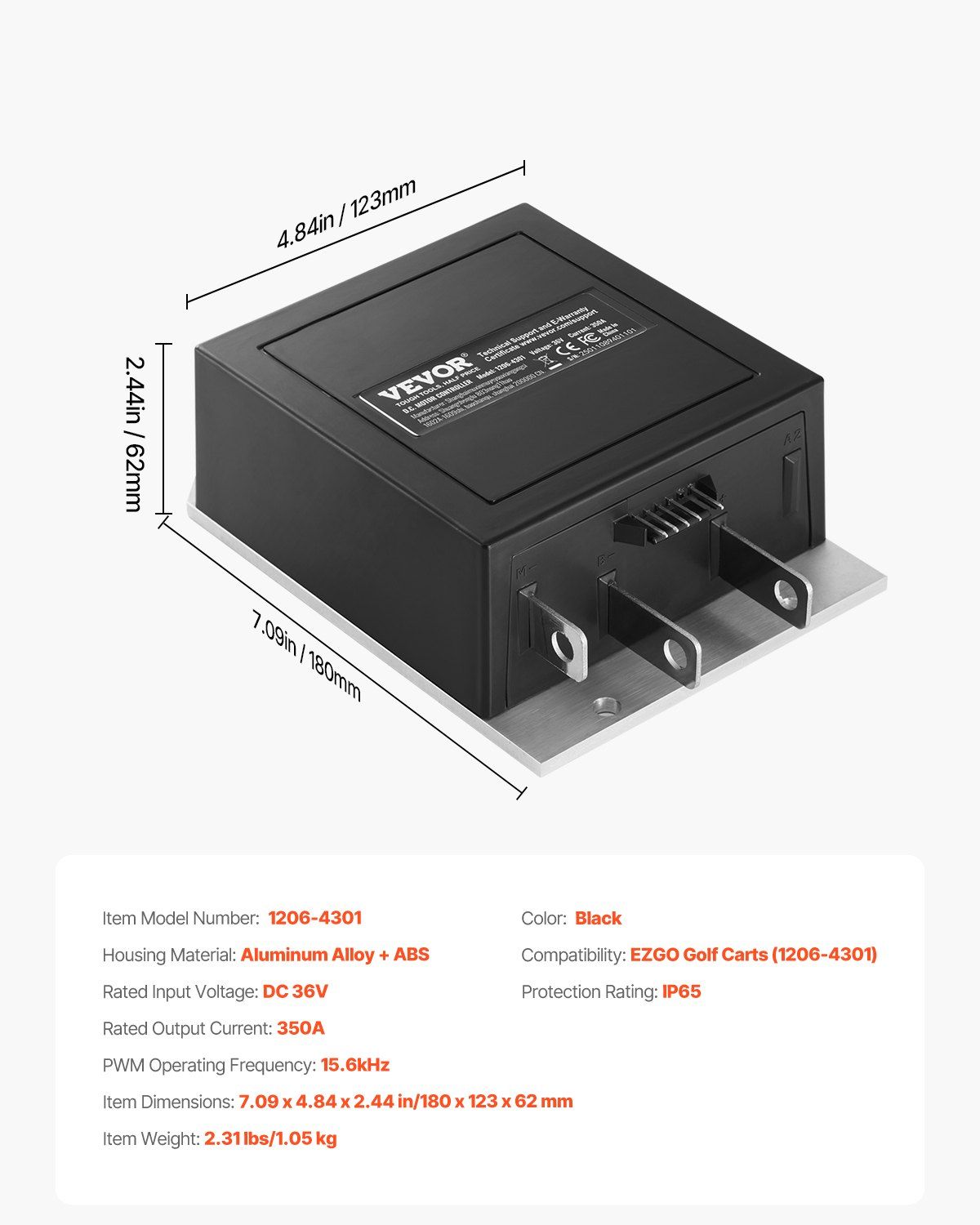 Golf Cart Speed Controller, 350 Amp, DC Motor Controller Replacement for 1994-2019 EZGO Golf Carts, IP65 Rated Protection, Durable Aluminum Alloy & ABS Housing, Compatible with 1206-4301 Models