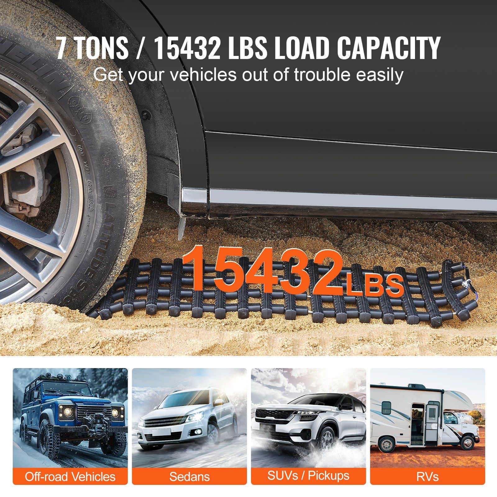 7 TON Traction Boards with TPR Material, Recovery Boards for Off-road Vehicles/Cars/Pickups/SUVs/RVs, Pair Tire Traction Mats on Snow, Sand, Mud and Loose Terrain, Storage Bags, Short, Black