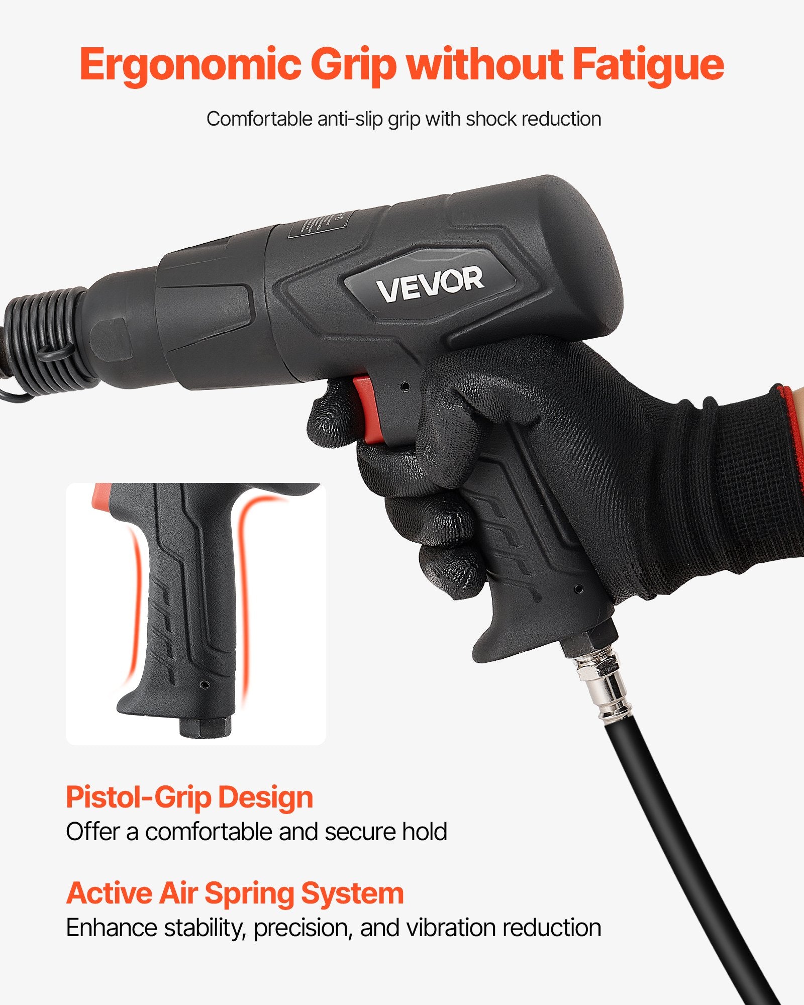 VEVOR Air Hammer, 2500-2700BPM Pneumatic Hammer with 70mm Stroke & 4PCS 170mm Long Barrel Chisels, Pistol-Grip Compact Air Chisel Pneumatic Shovel Tool for Cutting Scraping Demolishing