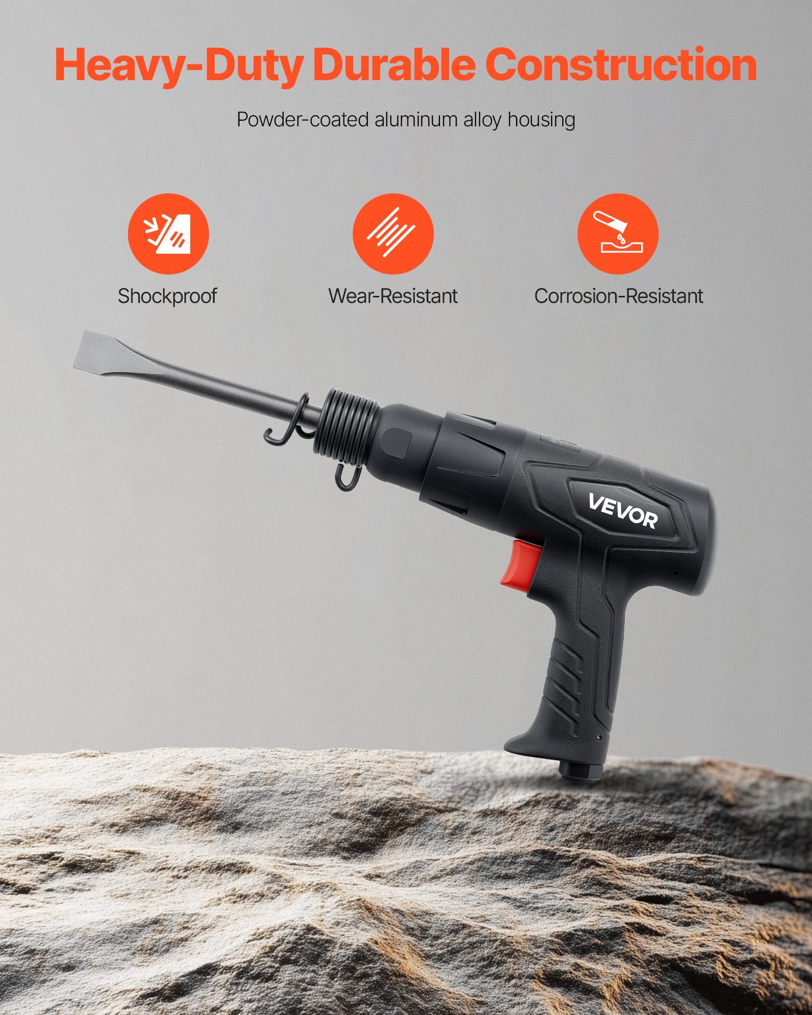 VEVOR Air Hammer, 2500-2700BPM Pneumatic Hammer with 70mm Stroke & 4PCS 170mm Long Barrel Chisels, Pistol-Grip Compact Air Chisel Pneumatic Shovel Tool for Cutting Scraping Demolishing