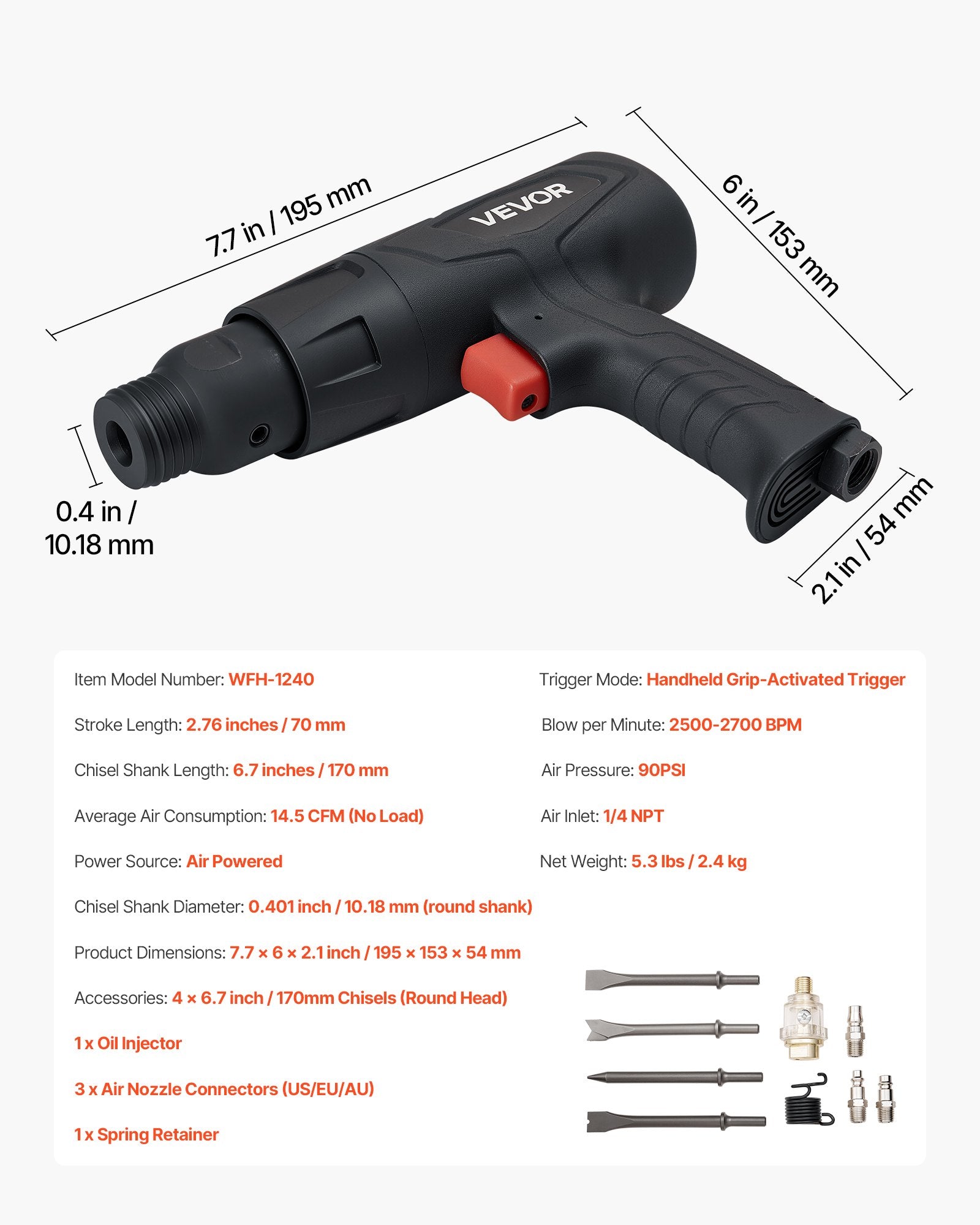 VEVOR Air Hammer, 2500-2700BPM Pneumatic Hammer with 70mm Stroke & 4PCS 170mm Long Barrel Chisels, Pistol-Grip Compact Air Chisel Pneumatic Shovel Tool for Cutting Scraping Demolishing
