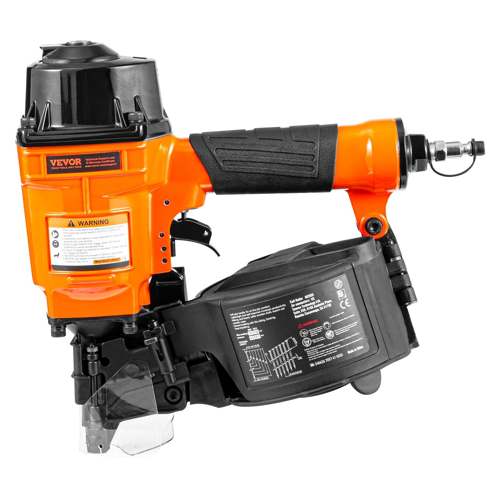 VEVOR MCN55 Coil Siding Nailer 27mm to 57mm 15 Degree Pneumatic Nail Gun