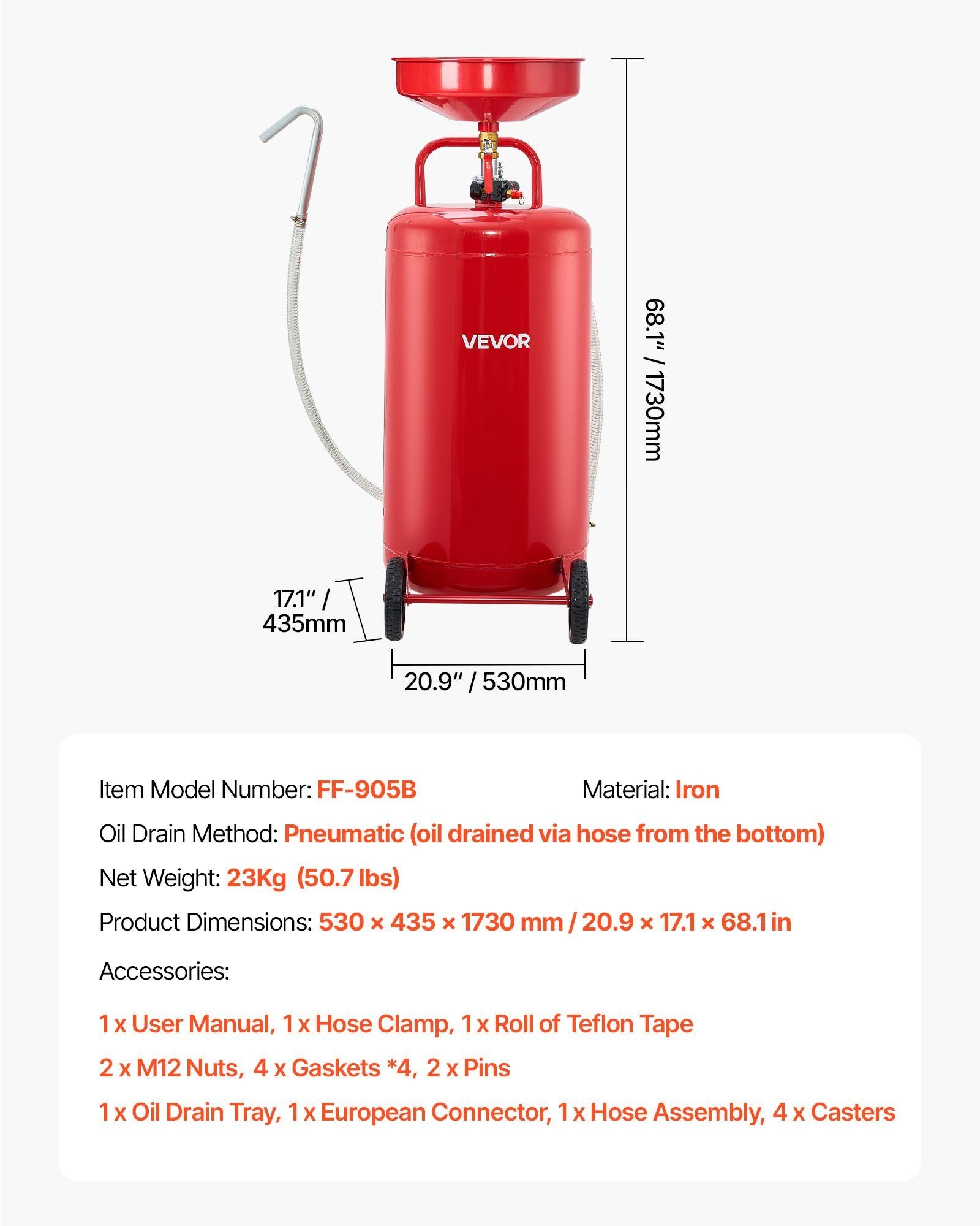 95L Waste Oil Drain Tank, Air Operated Portable Oil Drainer with Adjustable Funnel Height, Industrial Fluid Drain Tank with Wheels, Fluid Fuel Transfer Drainage for Auto Repair Shops, Red