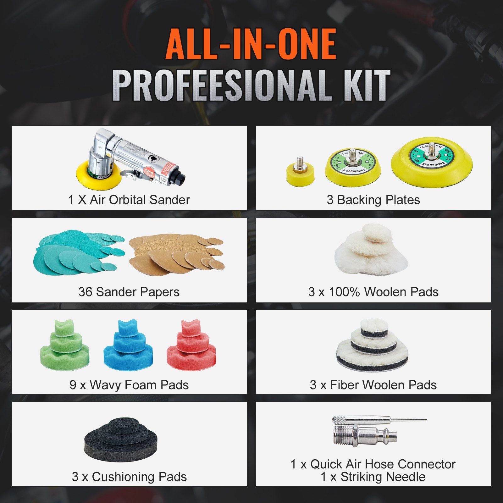 VEVOR 58PCS Air Sander Kit 1/2/3in Random Orbital Air Sander Polisher 15000r/min