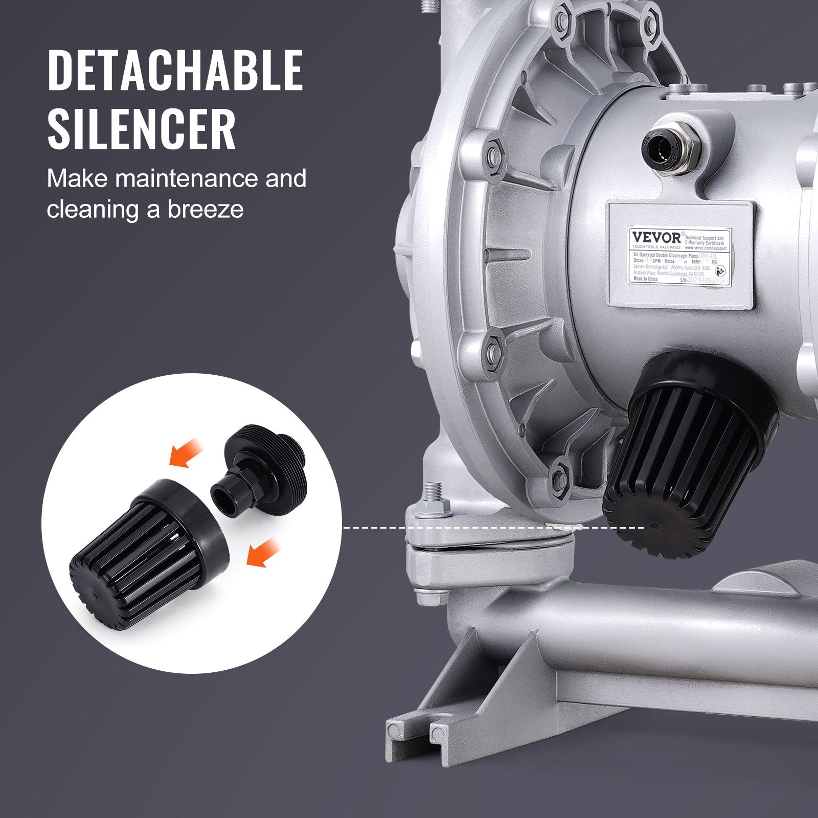 VEVOR Air Operated Double Diaphragm Pump, 44GPM, Max 115PSI Air Waste Oil Pneumatic Transfer Pump with 2 Extra Diaphragms, 3.8cm Inlet & Outlet Aluminum Alloy Diaphragm Pump for Diesel Grease Oil