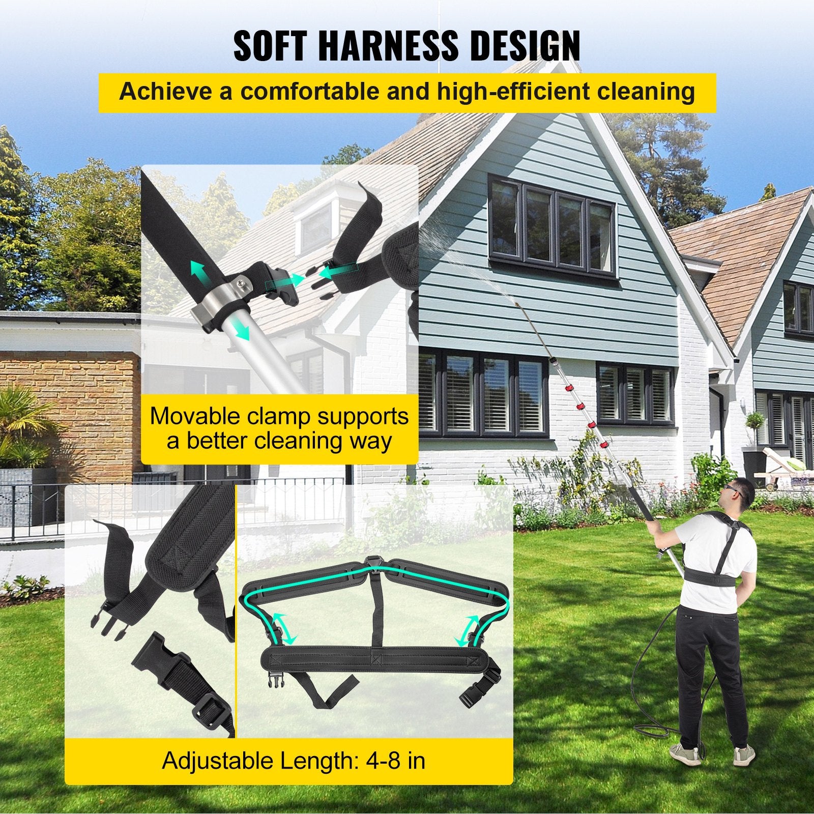 VEVOR Telescoping Pressure Washer Wand, 20 ft 5-Section Length Adjustable, Max. 4000 PSI Fit for 3/8'' Quick Connection, 5 Spray Nozzles, Belt, for Roof, Fence, Gutter, Silver