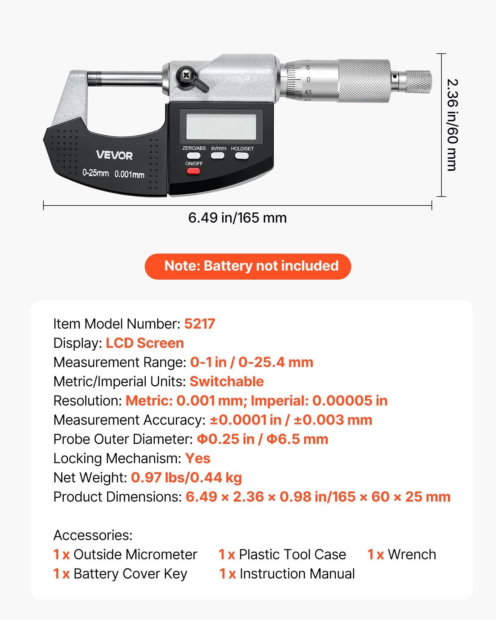 Micrometer Set, Digital Outside Micrometer 0-25.4 mm Measuring Range, 0.001 mm Resolution, Ultra-Precision Accuracy, LCD Screen, in/mm Switch, Carbide Tip, with Protective Case