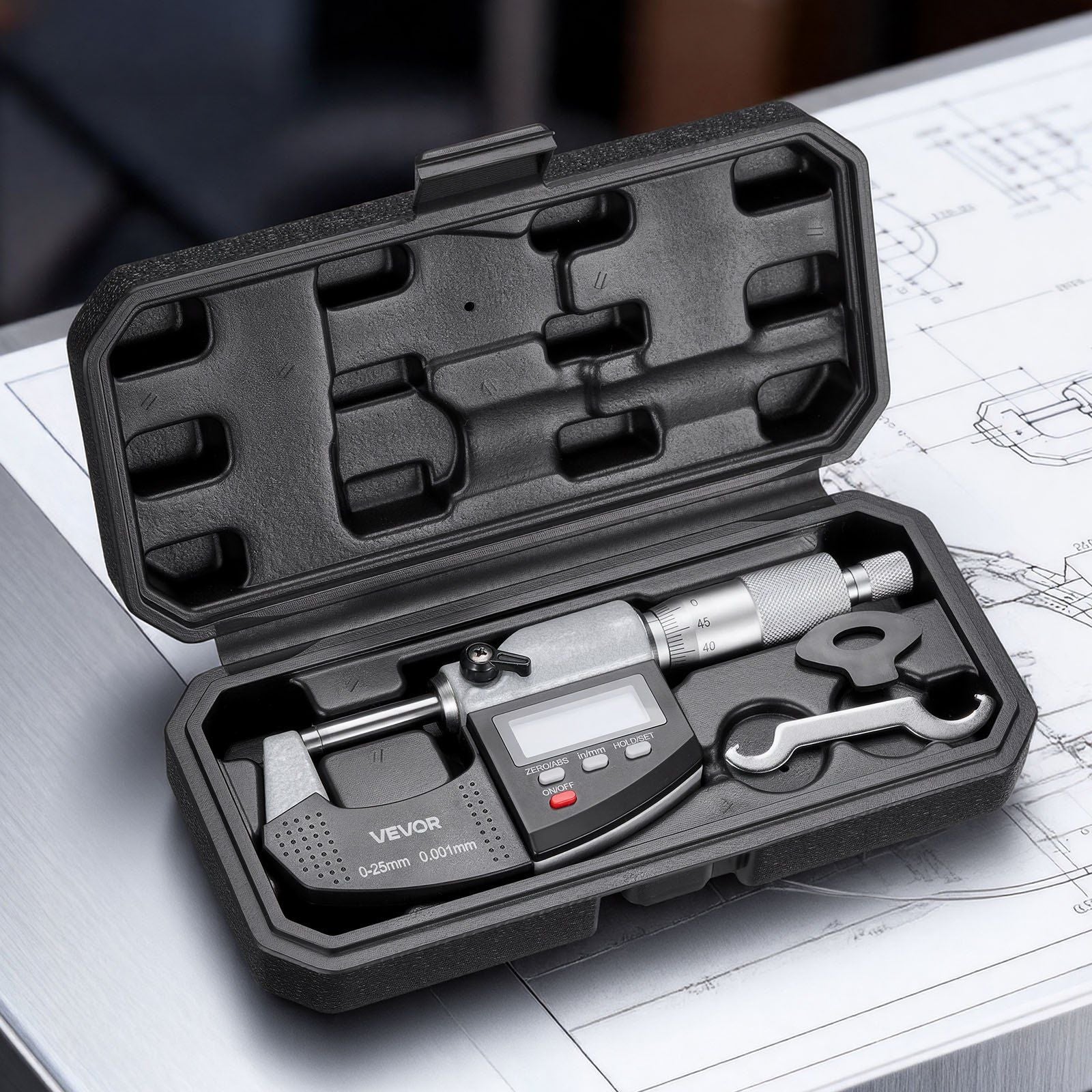 Micrometer Set, Digital Outside Micrometer 0-25.4 mm Measuring Range, 0.001 mm Resolution, Ultra-Precision Accuracy, LCD Screen, in/mm Switch, Carbide Tip, with Protective Case