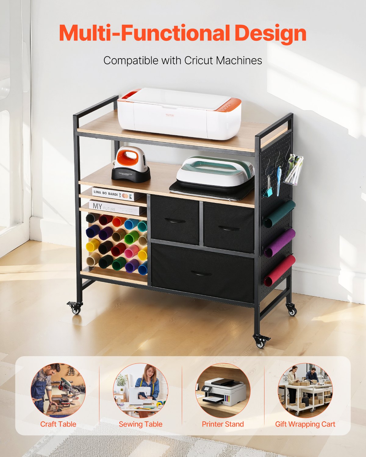 Rolling Craft Cart and Storage Table with 20 Vinyl Roll Holders 3 Drawers Black