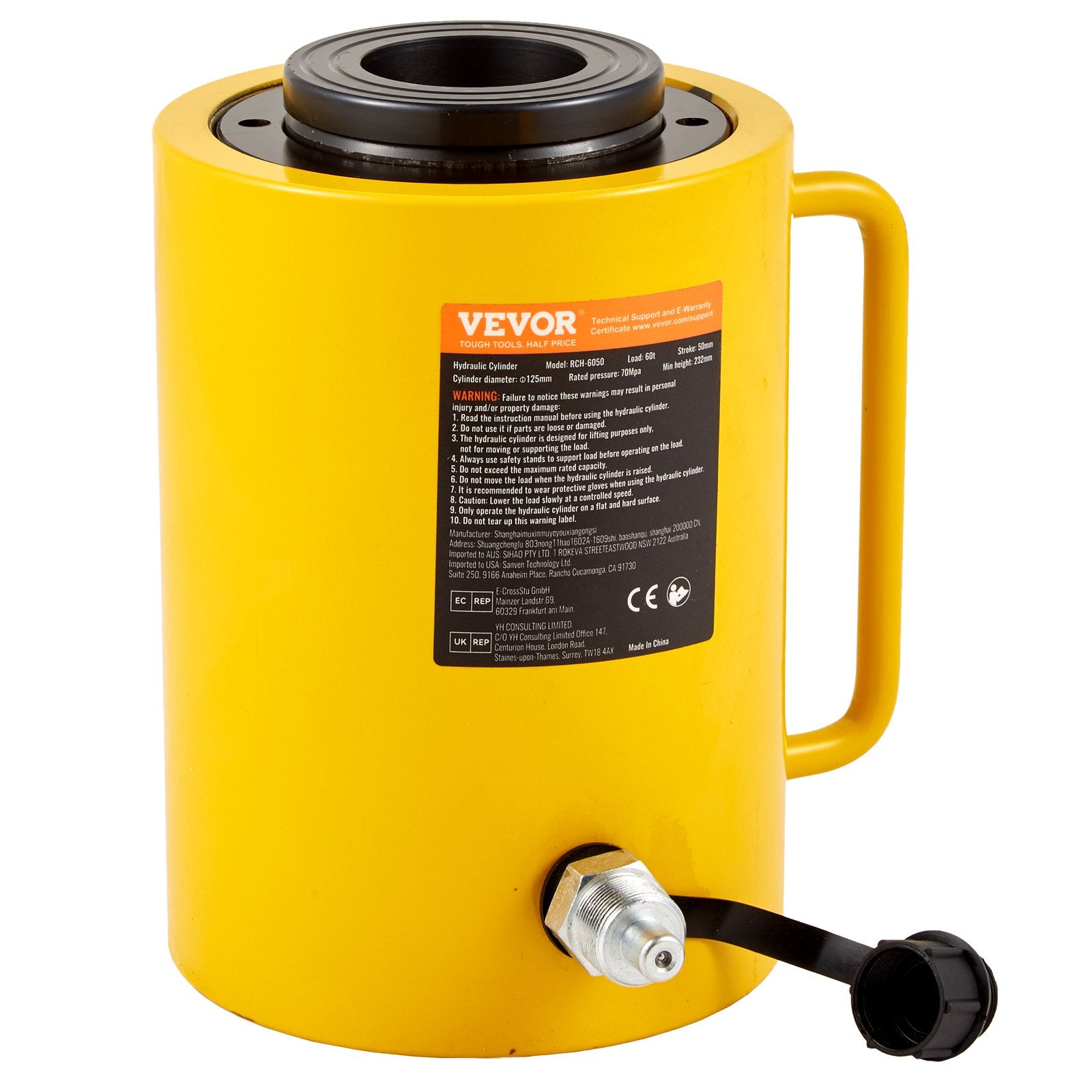 VEVOR 60T 5.08 Cm Hydraulic Cylinder Jack Hollow Single Acting Hydraulic Ram Cylinder 50 mm Hydraulic Lifting Cylinders for Riggers Fabricators (60T 2 Inch Hollow)