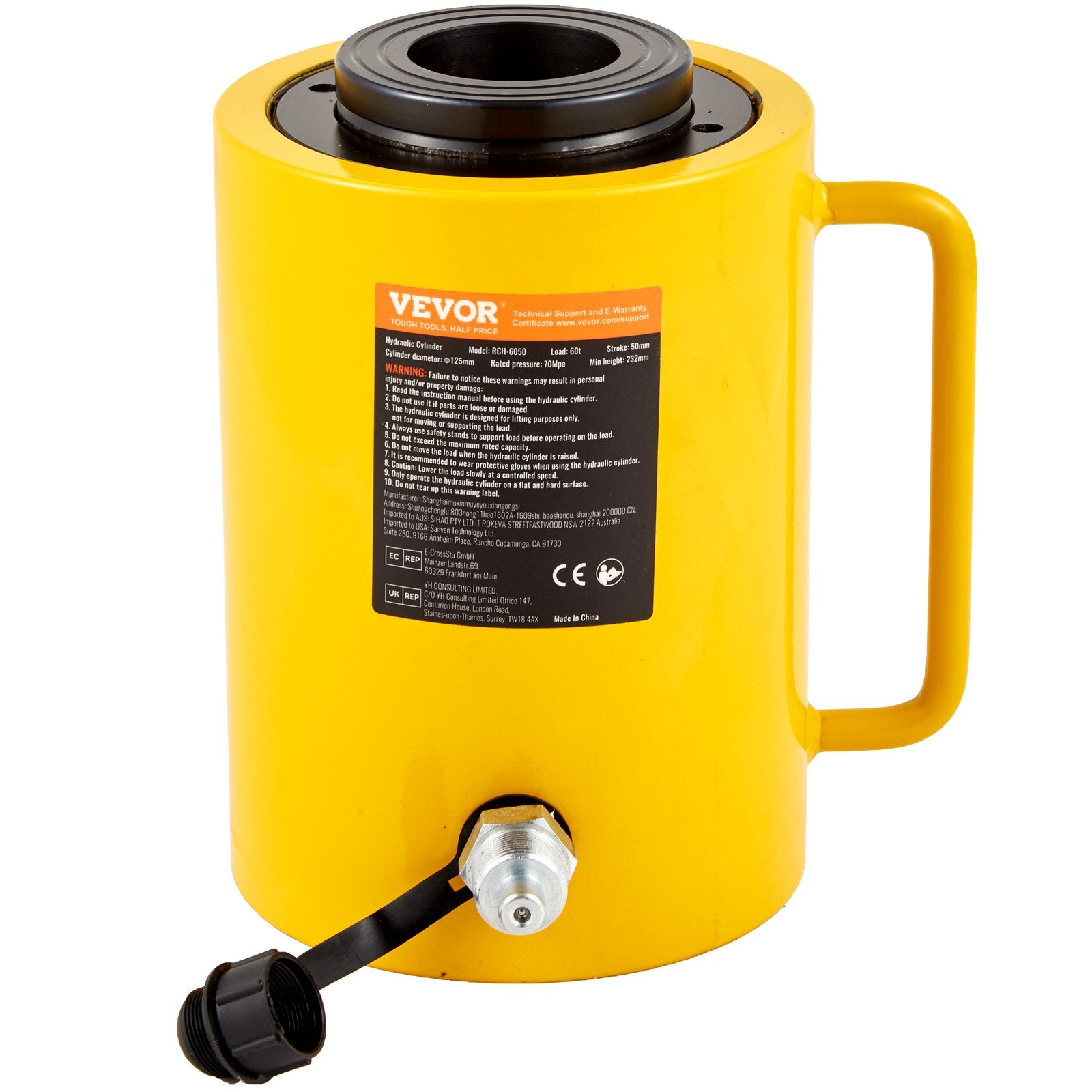 VEVOR 60T 5.08 Cm Hydraulic Cylinder Jack Hollow Single Acting Hydraulic Ram Cylinder 50 mm Hydraulic Lifting Cylinders for Riggers Fabricators (60T 2 Inch Hollow)