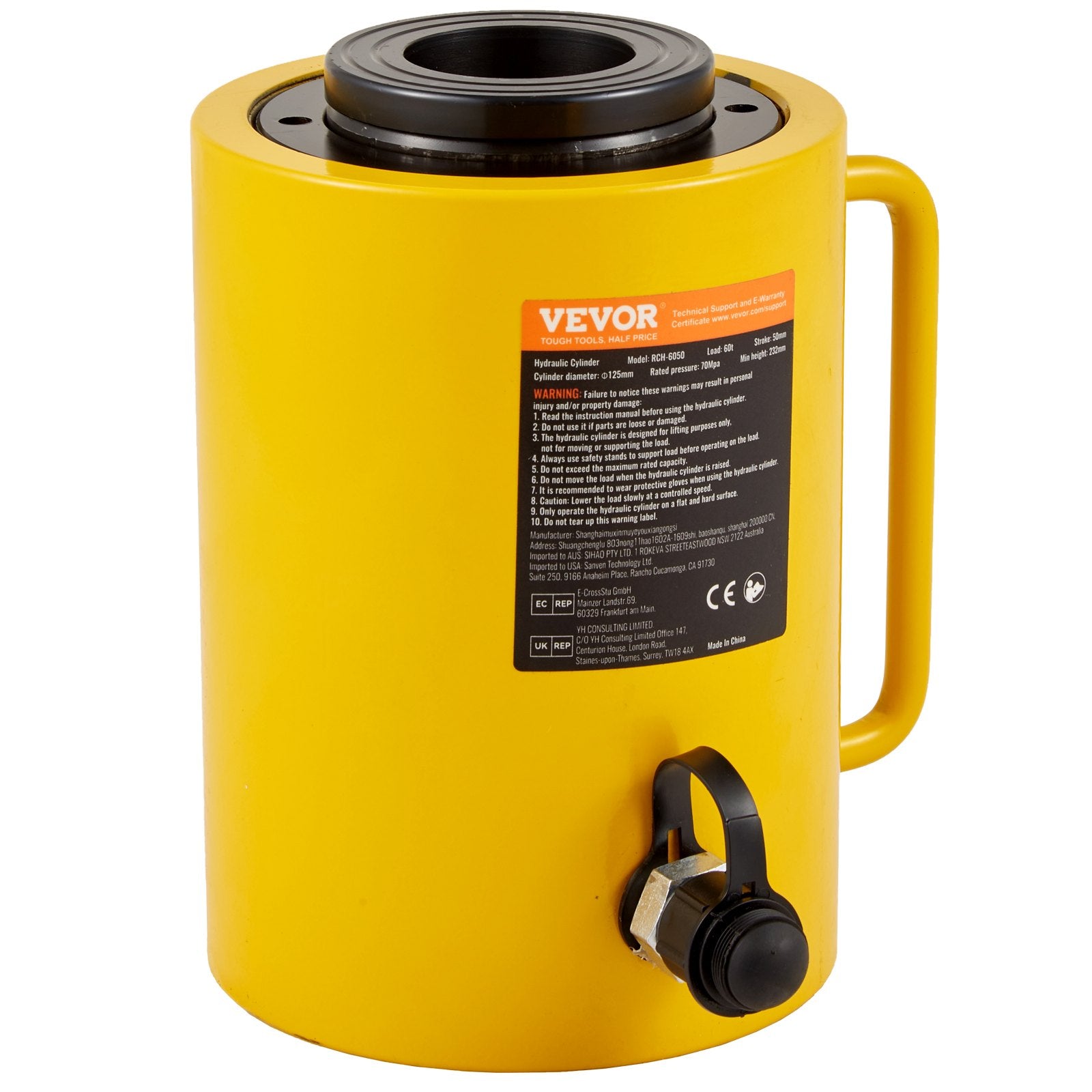 VEVOR 60T 5.08 Cm Hydraulic Cylinder Jack Hollow Single Acting Hydraulic Ram Cylinder 50 mm Hydraulic Lifting Cylinders for Riggers Fabricators (60T 2 Inch Hollow)