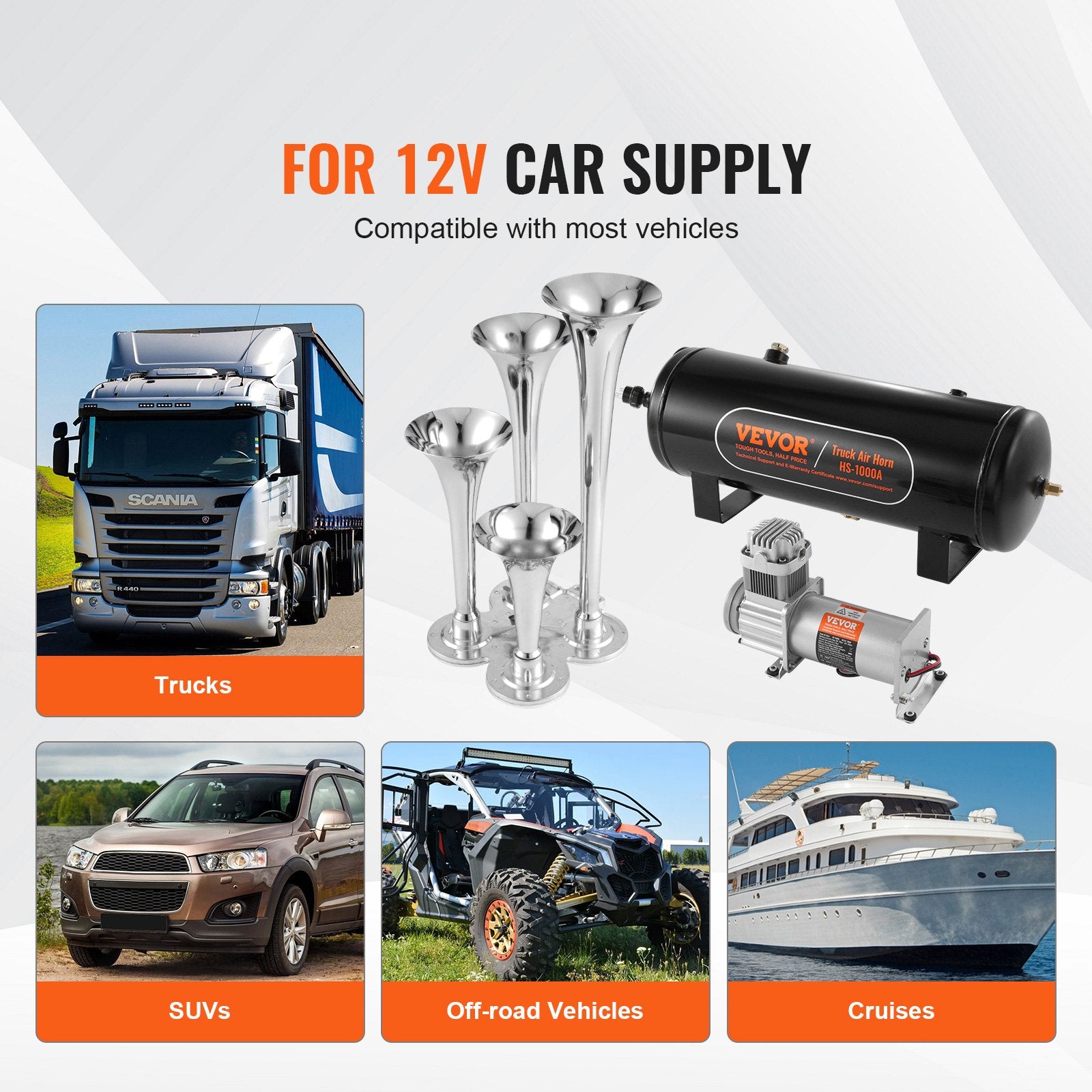 VEVOR Train Horns Kit, 4 Trumpet Air Horn Kit, 150dB Train Horns for Pickup Trucks, 12V 160 psi Air Compressor 2.6 Gal/10 L Tank with Gauge for Any 12V Vehicle Car Truck Train Van Boat