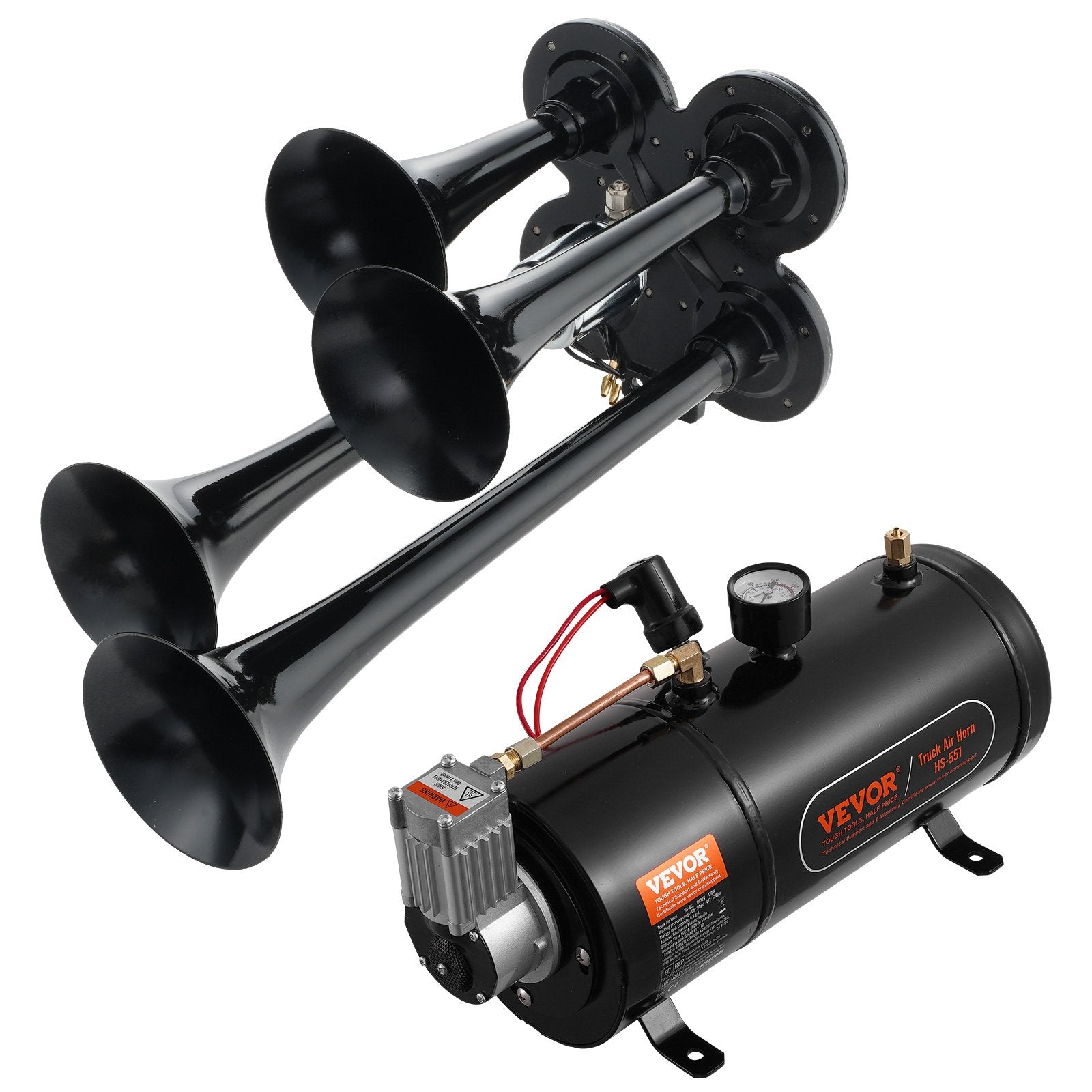 VEVOR Train Horns Kit, 4 Trumpet Air Horn Kit, 150dB Train Horns for Pickup Trucks, 12V 120 psi Air Compressor 0.8 Gal/3 L Tank with Gauge for Any 12V Vehicle Car Truck Train Van Boat