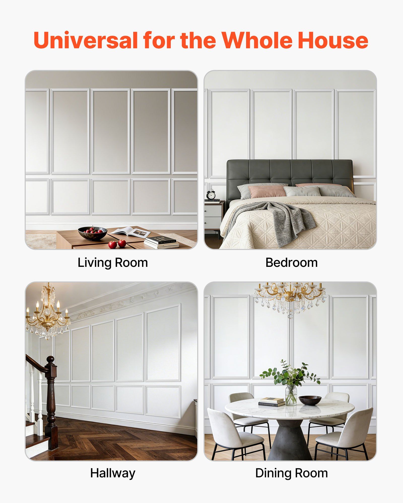 Wall Molding 6 Pack, Wainscoting Panels Kit, Lightweight Paintable Polystyrene, Easy to Install, Waterproof Accent Wall Trim for Interior Décor Living Room, Bedroom, White (61x137 + 61x61 cm)