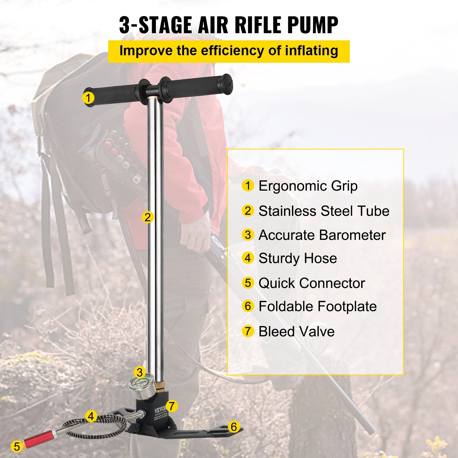 VEVOR High Pressure Hand Pump 3 Stage up to 4500 psi PCP Pump Safe and Convenient Airgun PCP Pump High Pressure Hand Pump for High Pressure Tires and Pre-Charged Pneumatic Airguns