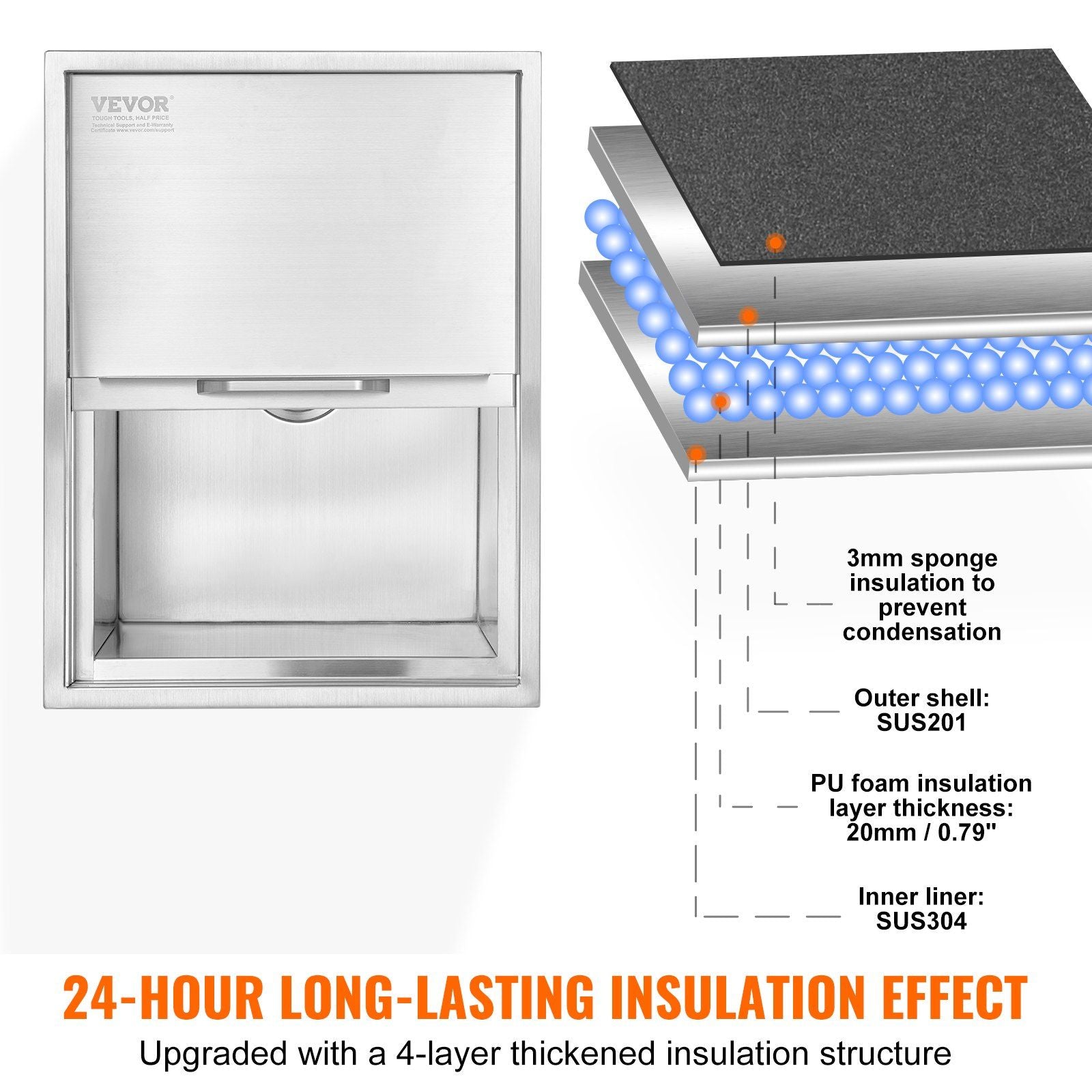 Drop in Ice Chest, 24"L x 18"W x 13"H Stainless Steel Ice Cooler, Commercial Ice Bin with Sliding Cover, 40.9 qt Outdoor Kitchen Ice Bar, Drain-pipe and Drain Plug Included, for Cold Wine Beer