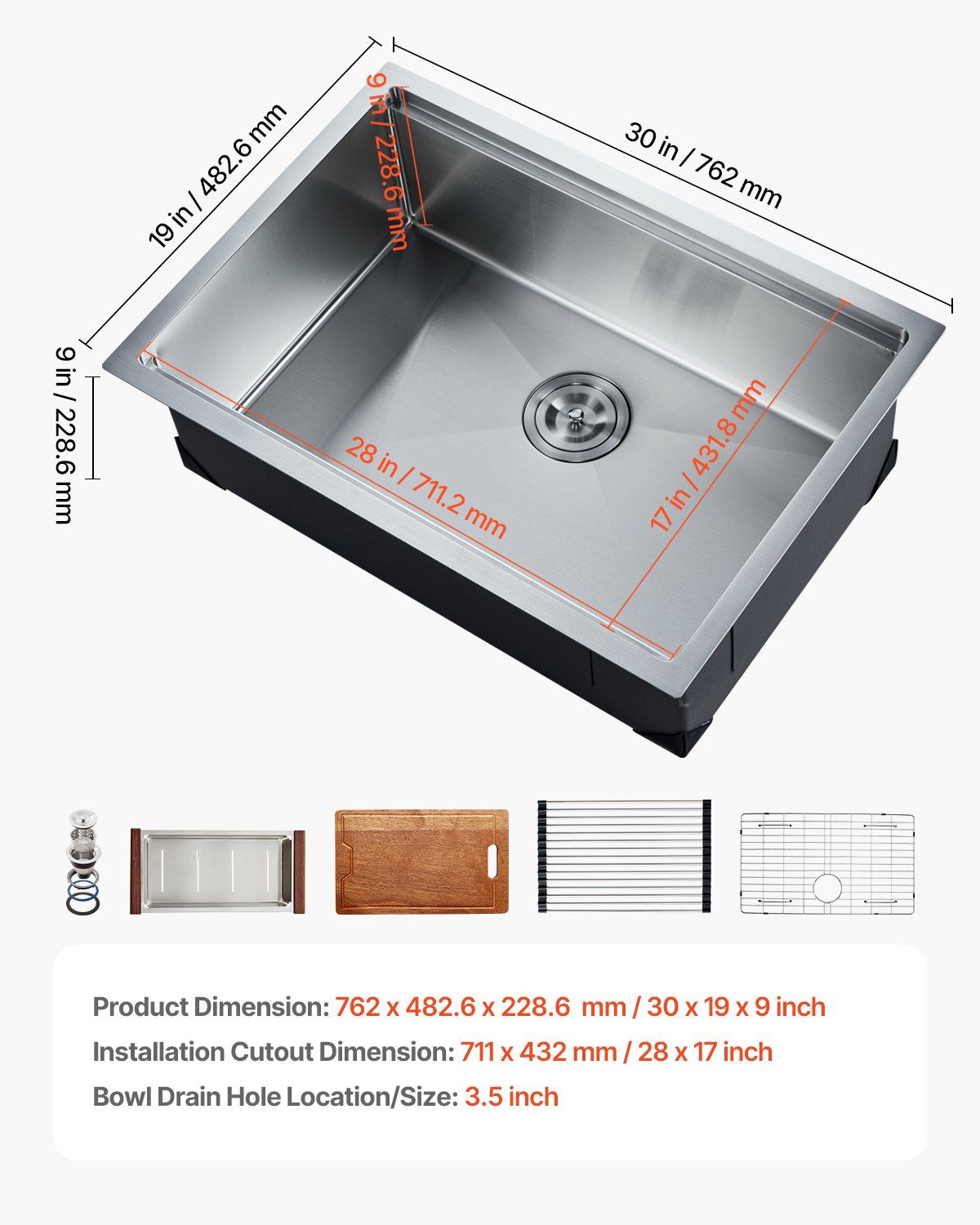 30 inch Kitchen Sink Workstation, 304 Stainless Steel Undermount Sink, Drop-In Single Bowl Farmhouse Basin with Ledge & Multiple Accessories, Household Dishwasher Sinks for RV, Prep Kitchen, Bar