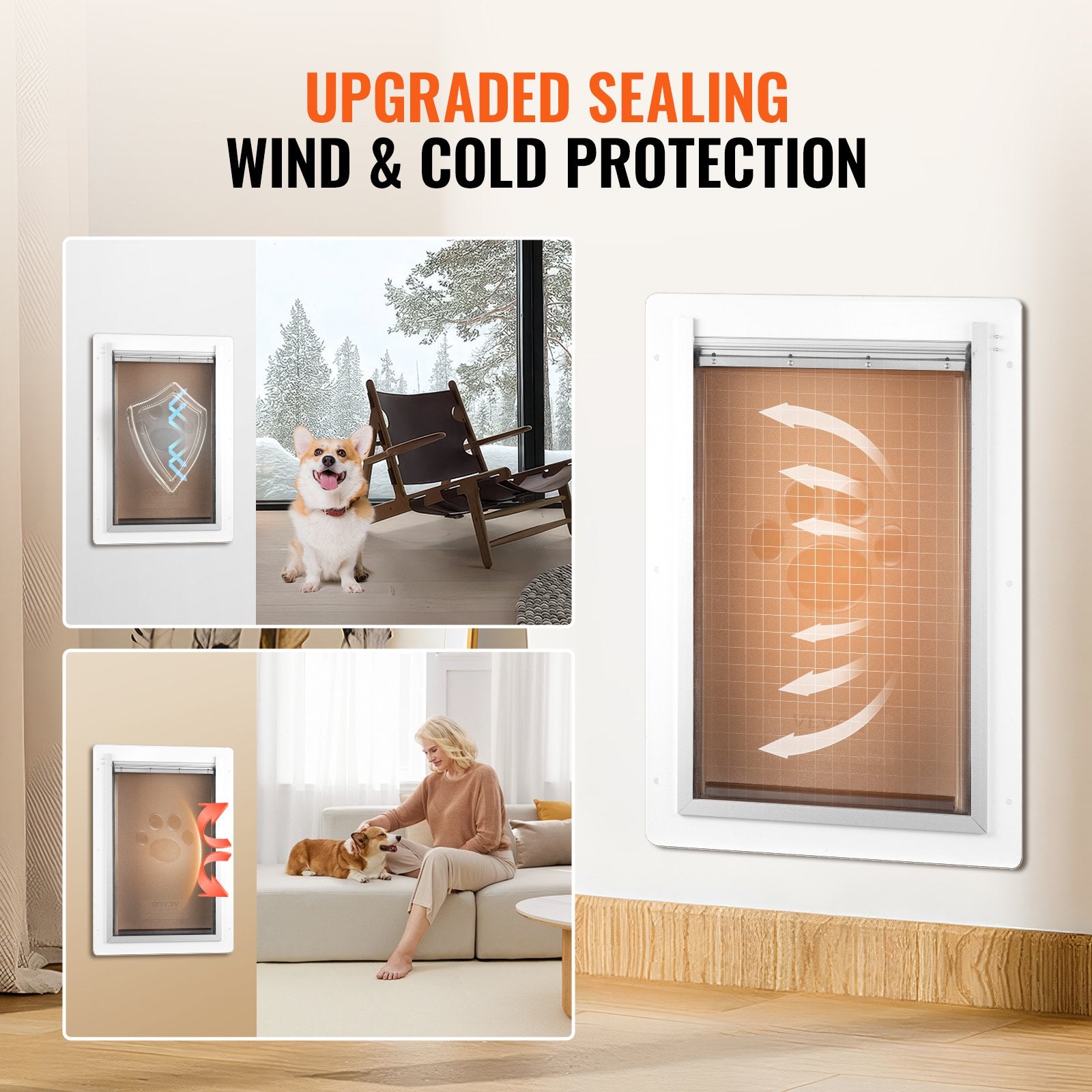 VEVOR Pet Door, 31.2 x 43.5 cm Metal Frame with Lock and 3-Flap System, Weatherproof Doggy Door, Easy to Install in Interior or Exterior Walls, Pet Door Suitable for Cat Doggie Kitties (White-Medium)