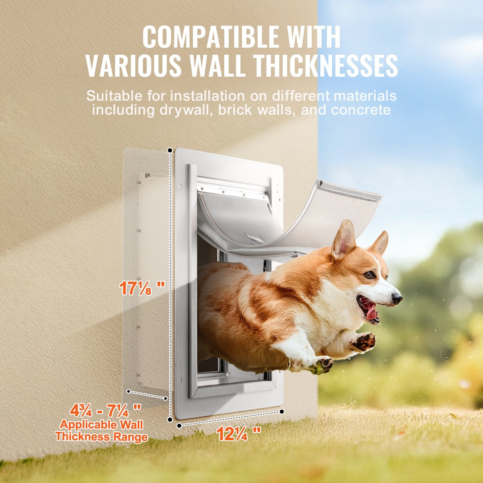 VEVOR Pet Door, 31.2 x 43.5 cm Metal Frame with Lock and 3-Flap System, Weatherproof Doggy Door, Easy to Install in Interior or Exterior Walls, Pet Door Suitable for Cat Doggie Kitties (White-Medium)