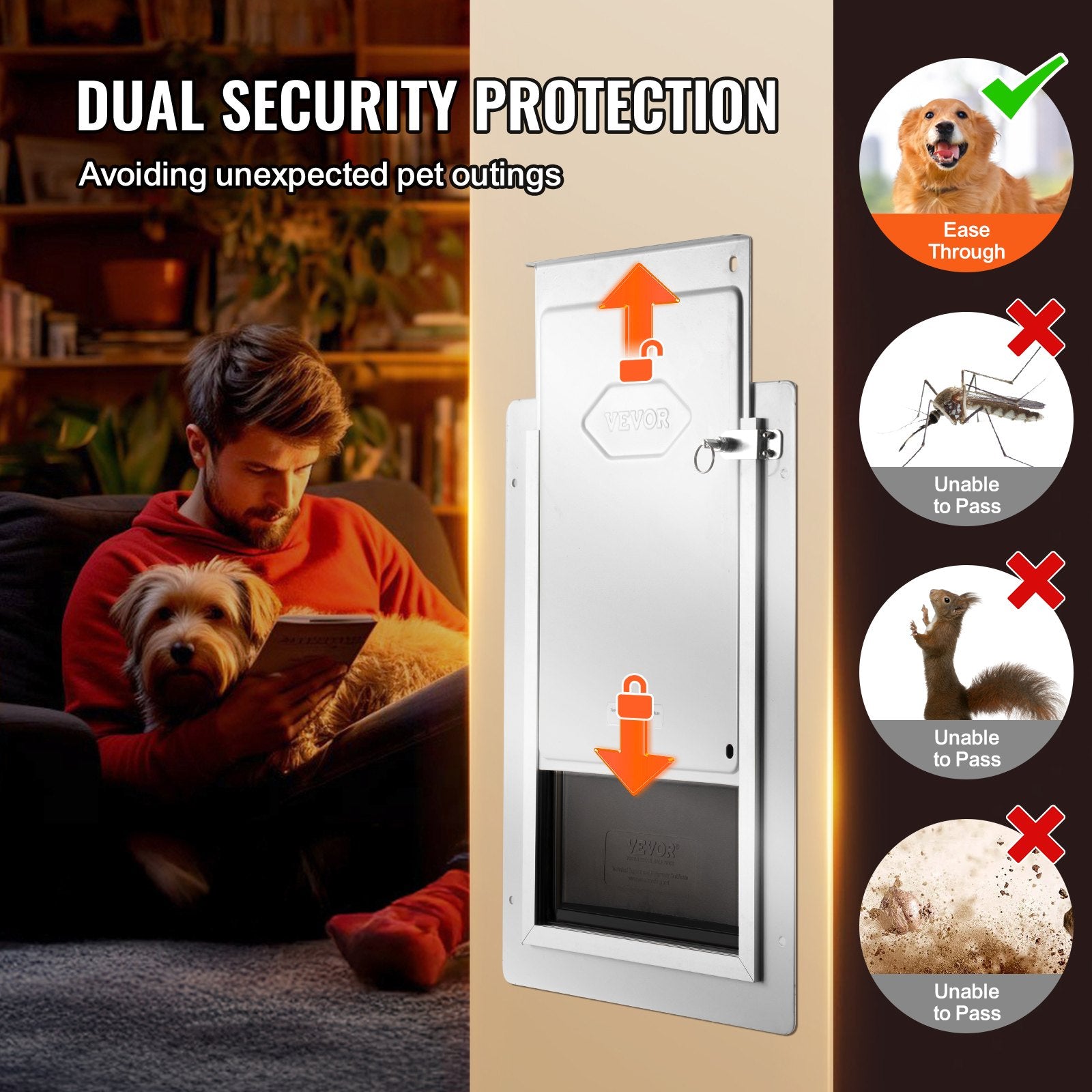 VEVOR Pet Door, 31.2 x 43.5 cm Metal Frame with Lock and 3-Flap System, Weatherproof Doggy Door, Easy to Install in Interior or Exterior Walls, Pet Door Suitable for Cat Doggie Kitties (White-Medium)