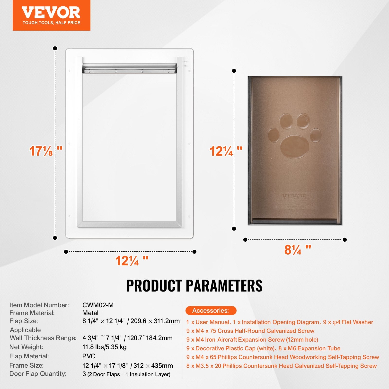 VEVOR Pet Door, 31.2 x 43.5 cm Metal Frame with Lock and 3-Flap System, Weatherproof Doggy Door, Easy to Install in Interior or Exterior Walls, Pet Door Suitable for Cat Doggie Kitties (White-Medium)