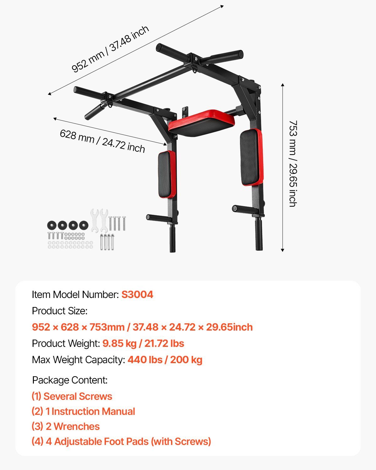 Multifunctional Pull Up Bar, Wall Mounted Chin Up Bar Dip Station for Home Gym, Heavy Duty Steel Upper Body Workout Pull Ups, Power Tower Set Training Equipment Fitness, 440 lbs Weight Capacity