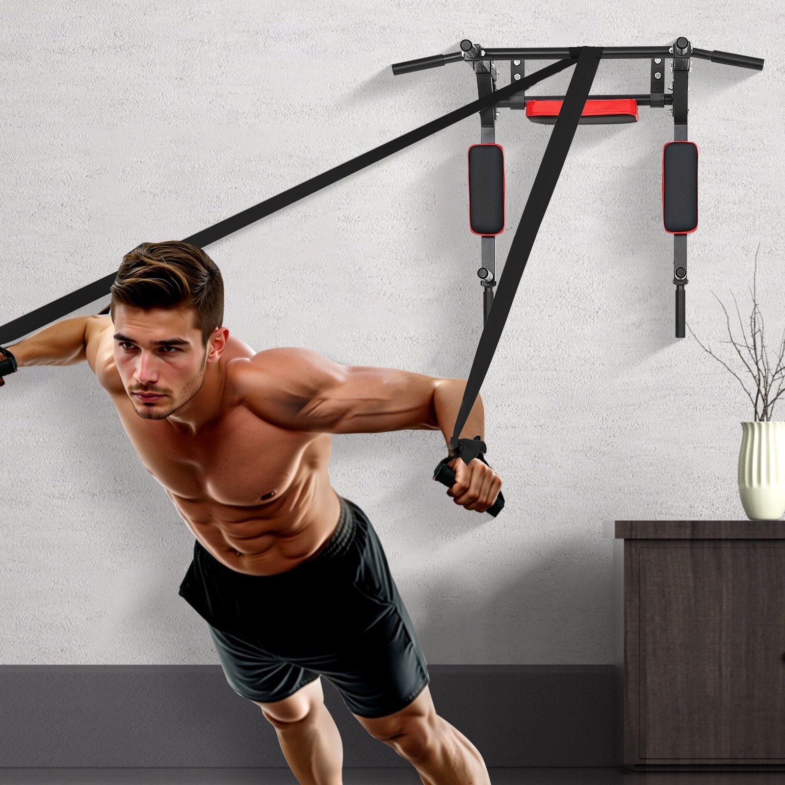 Multifunctional Pull Up Bar, Wall Mounted Chin Up Bar Dip Station for Home Gym, Heavy Duty Steel Upper Body Workout Pull Ups, Power Tower Set Training Equipment Fitness, 440 lbs Weight Capacity