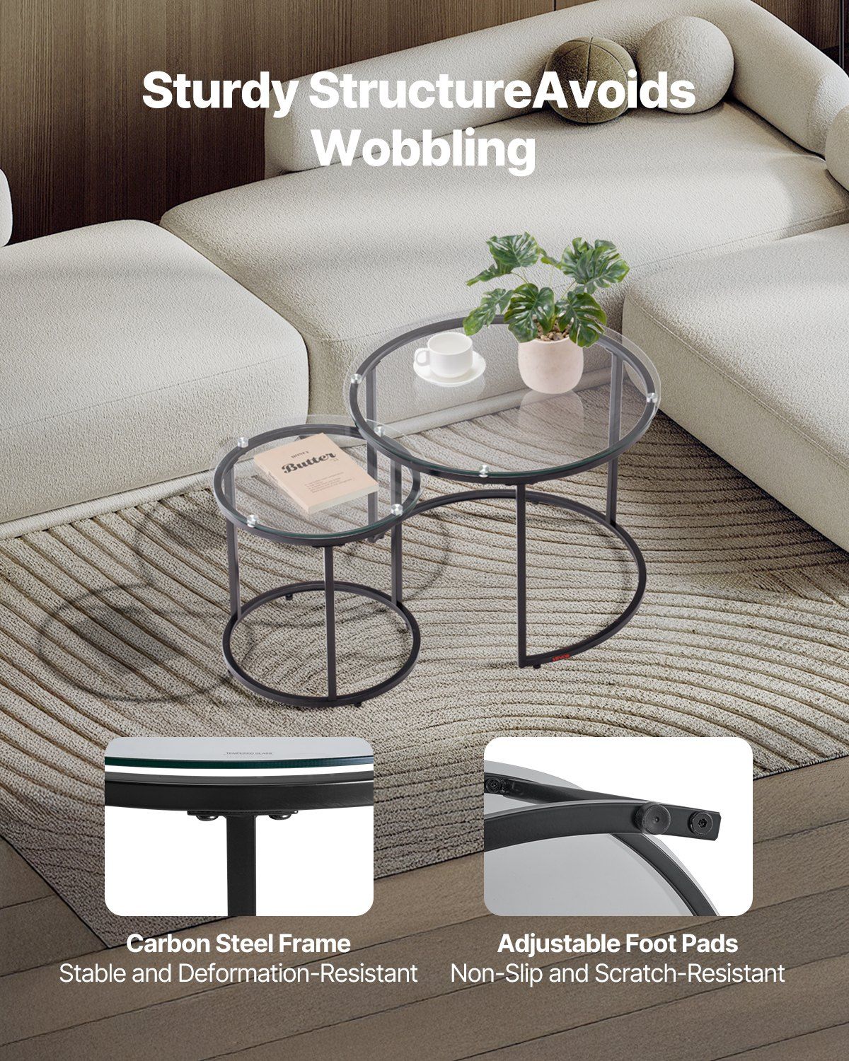 Nesting Coffee Table Set of 2, 600 mm Round Coffee Table, Glass Nesting Tables for Small Place, Modern End Side Tables Night Stand with Metal Frame, for Living Room, Bedroom, Balcony, Office