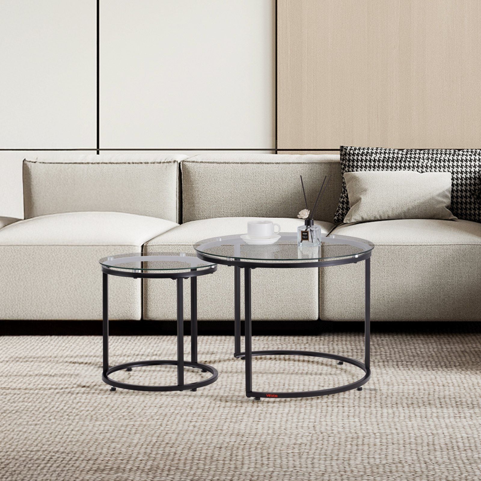 Nesting Coffee Table Set of 2, 600 mm Round Coffee Table, Glass Nesting Tables for Small Place, Modern End Side Tables Night Stand with Metal Frame, for Living Room, Bedroom, Balcony, Office