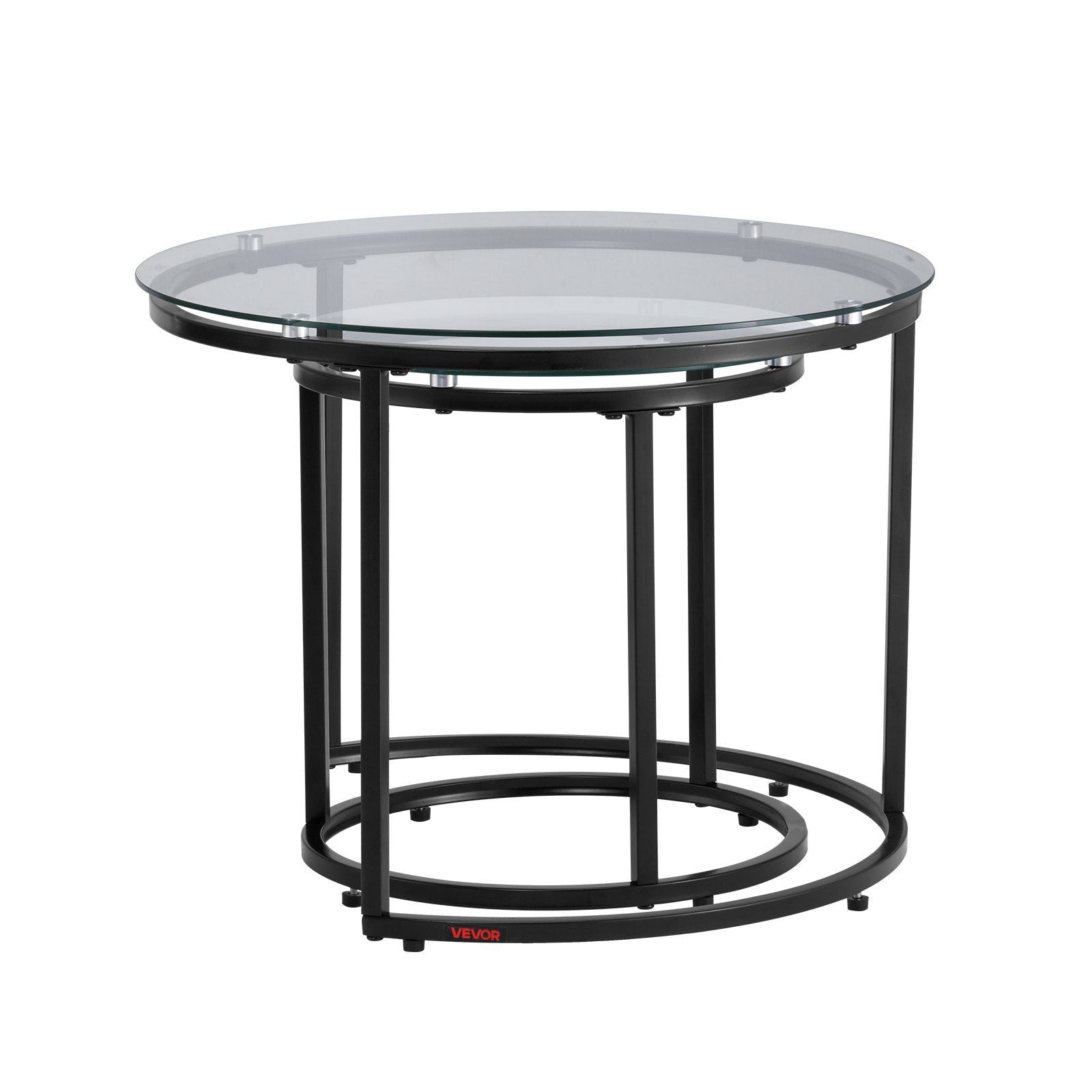 Nesting Coffee Table Set of 2, 600 mm Round Coffee Table, Glass Nesting Tables for Small Place, Modern End Side Tables Night Stand with Metal Frame, for Living Room, Bedroom, Balcony, Office