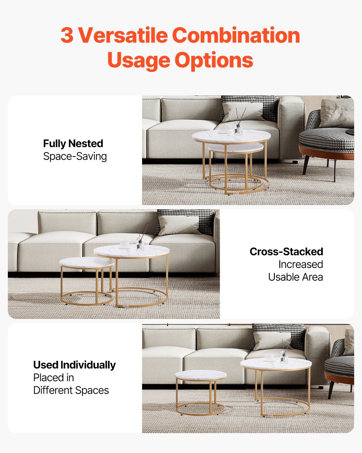 Nesting Coffee Table Set of 2, 700 mm Round Coffee Table, Nesting Tables for Small Place, Vintage End Side Tables Night Stand with Metal Frame, for Living Room, Bedroom, Office (White & Gold)