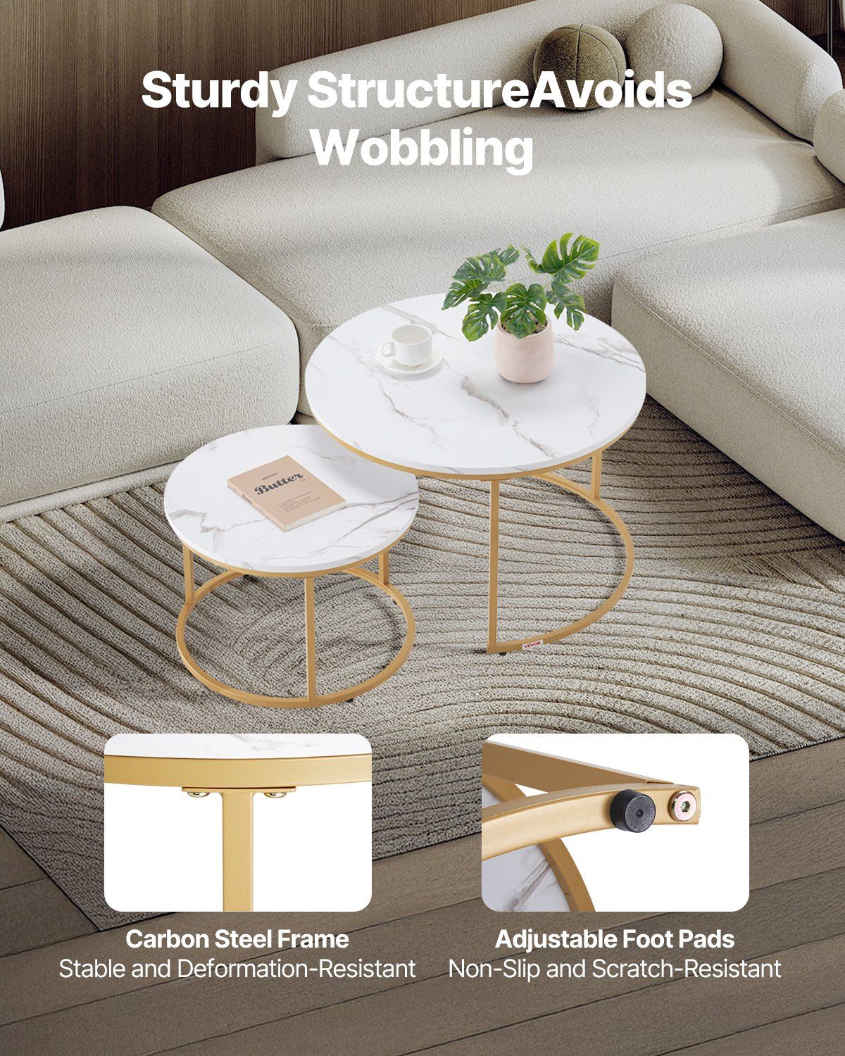 Nesting Coffee Table Set of 2, 700 mm Round Coffee Table, Nesting Tables for Small Place, Vintage End Side Tables Night Stand with Metal Frame, for Living Room, Bedroom, Office (White & Gold)