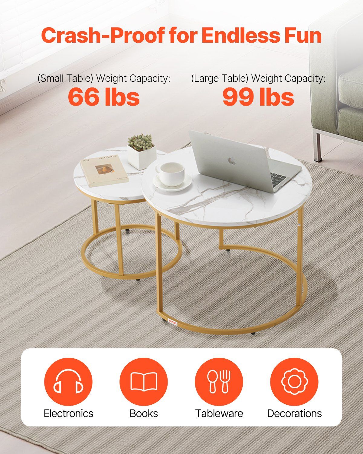 Nesting Coffee Table Set of 2, 700 mm Round Coffee Table, Nesting Tables for Small Place, Vintage End Side Tables Night Stand with Metal Frame, for Living Room, Bedroom, Office (White & Gold)